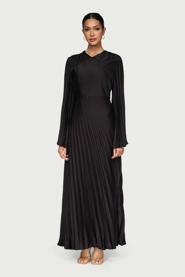 Asymmetric Pleated Maxi Dress - Black Dresses Veiled 