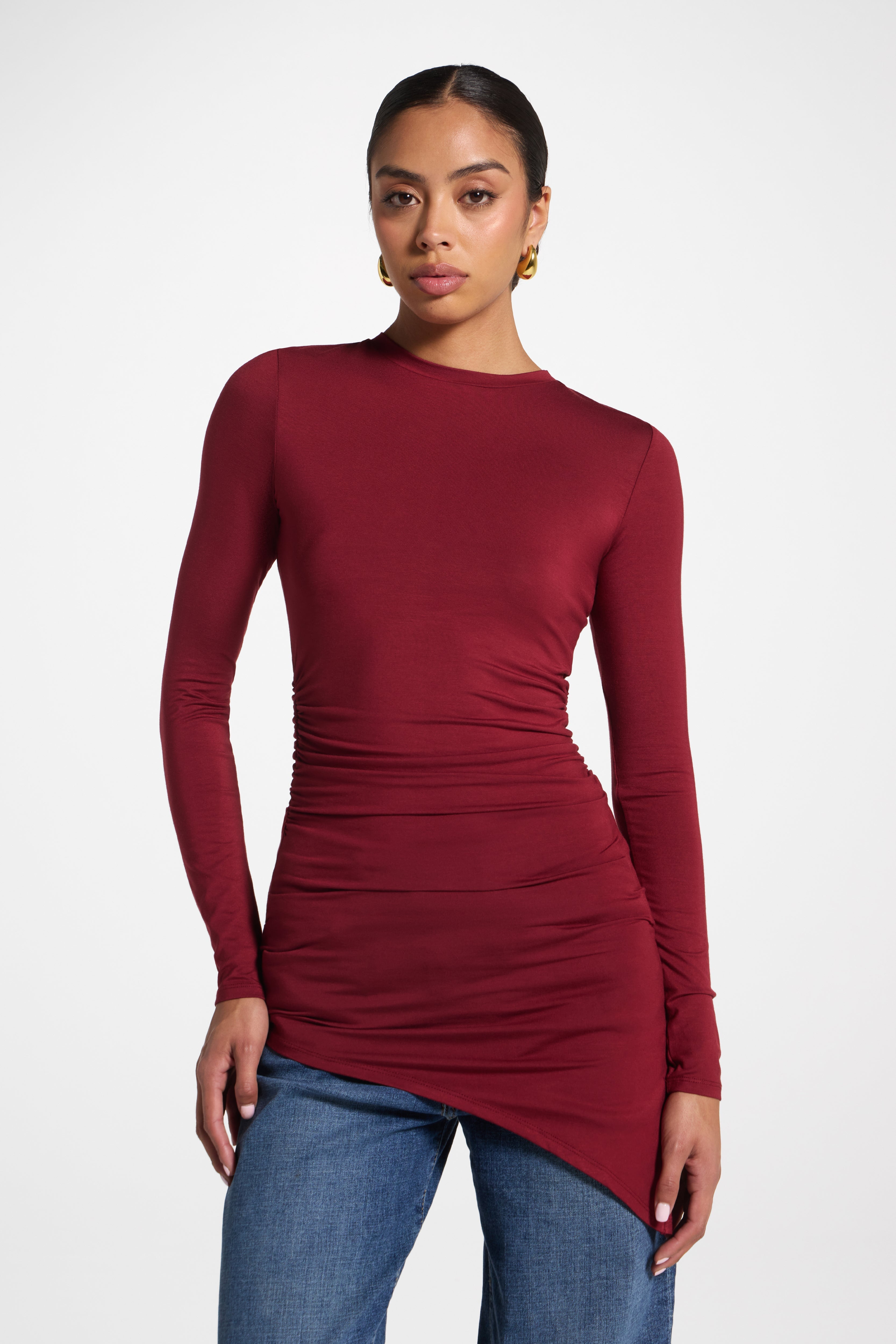 Asymmetric Rouched Bamboo Top - Cherry Lacquer Abayas Veiled 