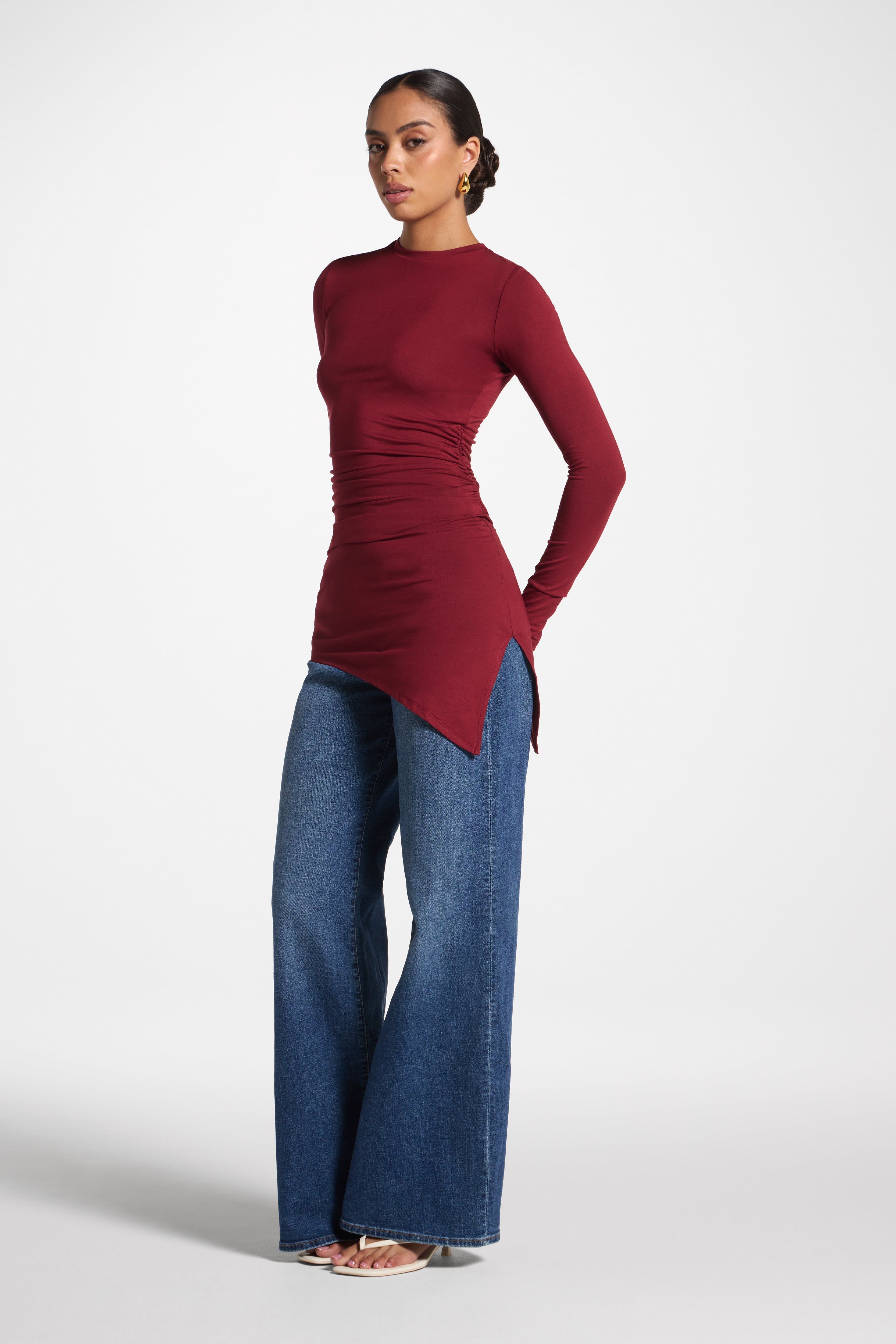 Asymmetric Rouched Bamboo Top - Cherry Lacquer Abayas Veiled 