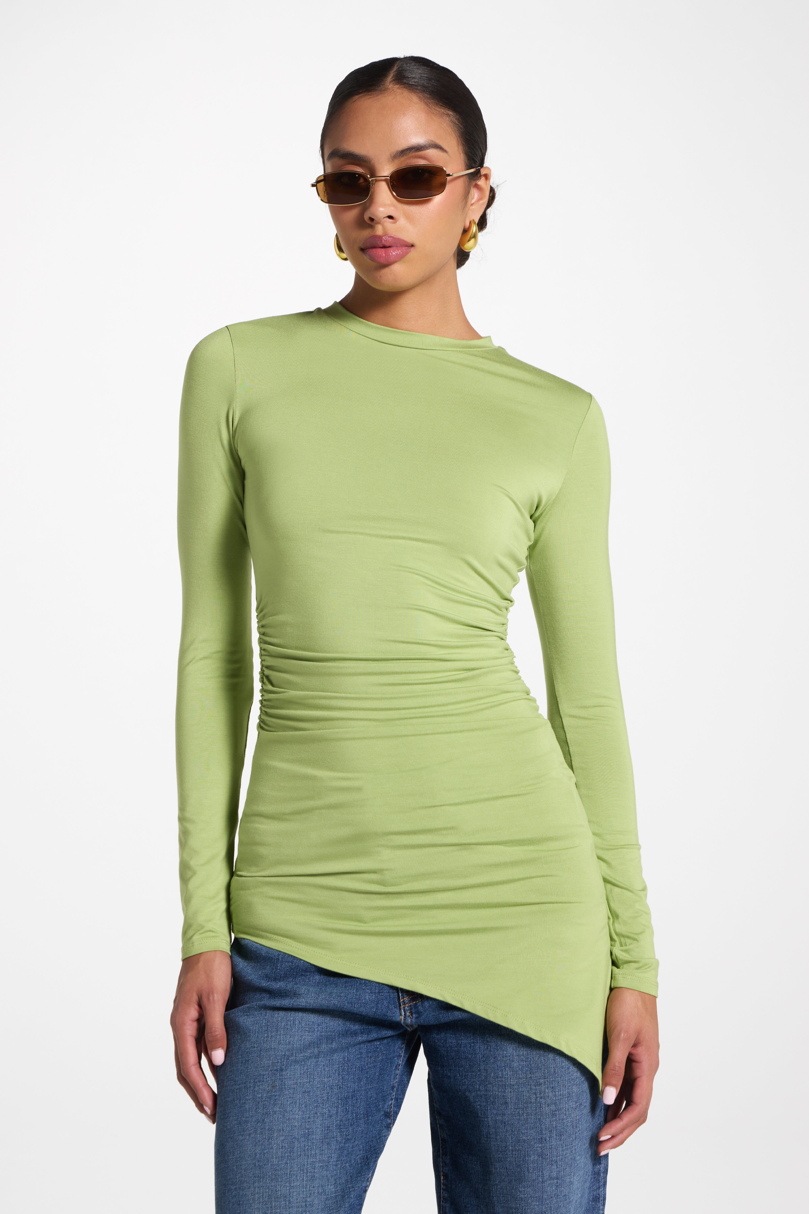 Asymmetric Rouched Bamboo Top - Matcha Abayas Veiled 