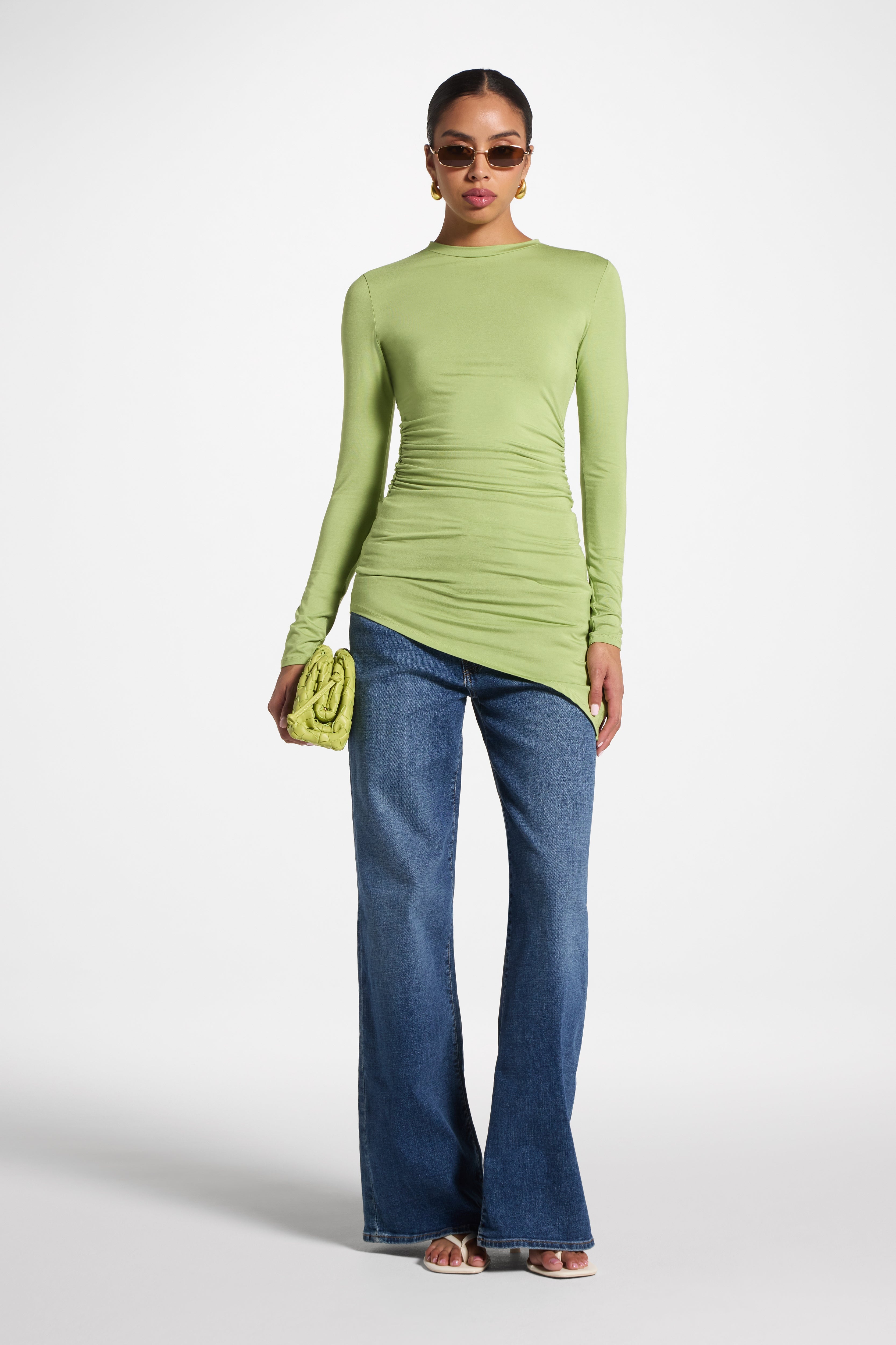 Asymmetric Rouched Bamboo Top - Matcha Abayas Veiled 
