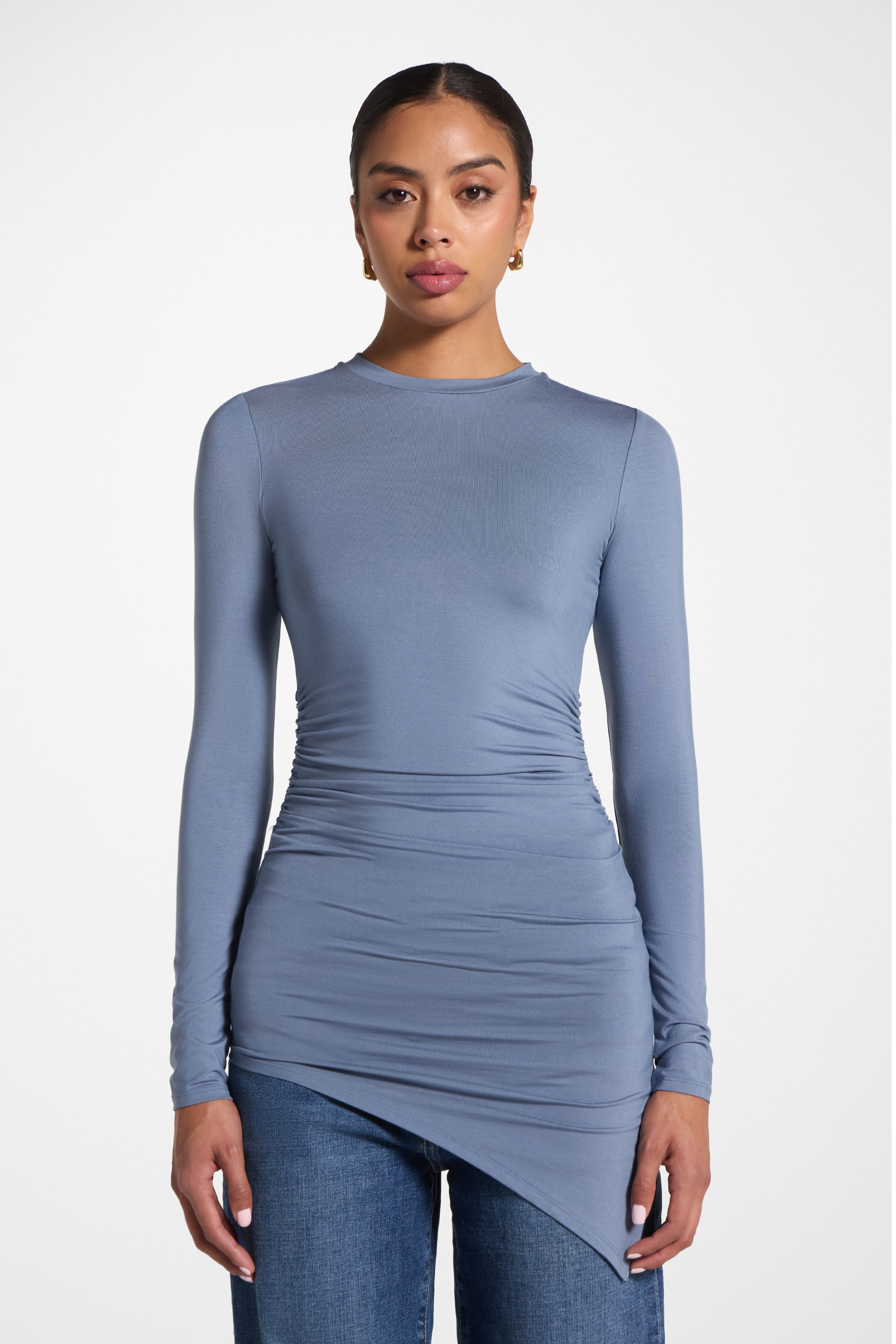 Asymmetric Rouched Bamboo Top - Steel Blue Abayas Veiled 