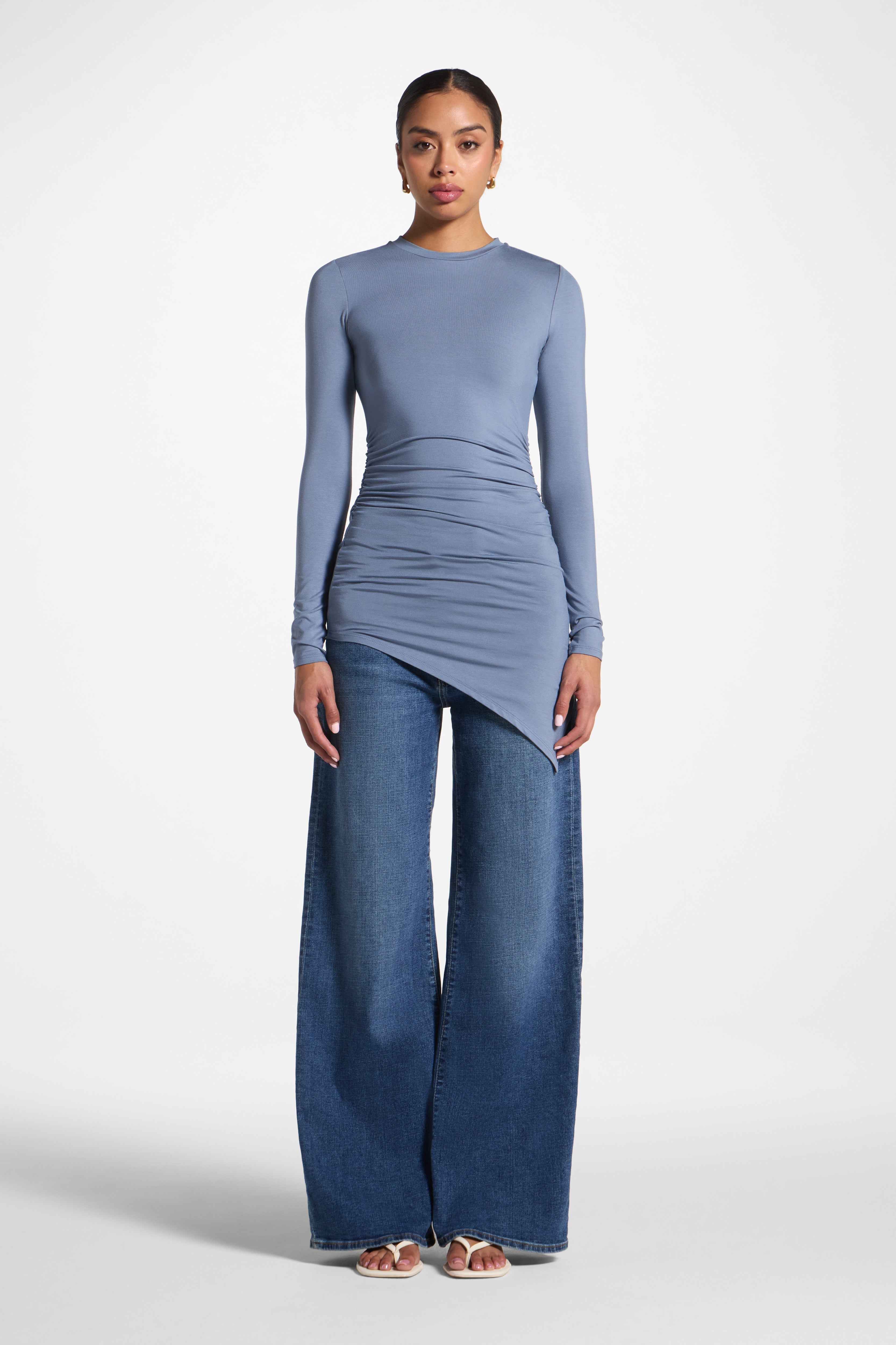 Asymmetric Rouched Bamboo Top - Steel Blue Abayas Veiled 