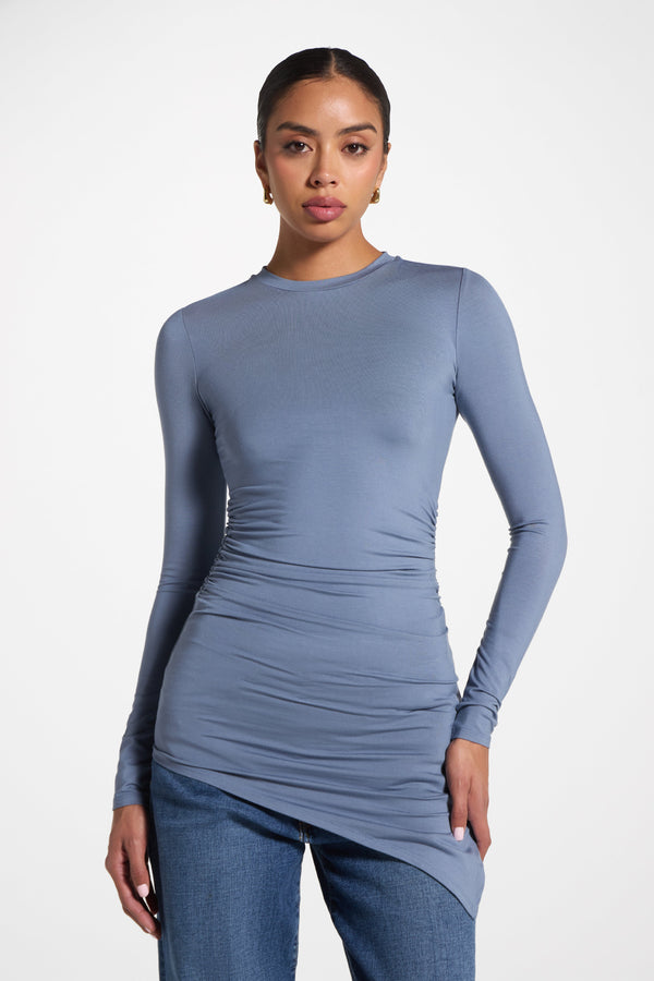 Asymmetric Rouched Bamboo Top - Steel Blue Abayas Veiled 