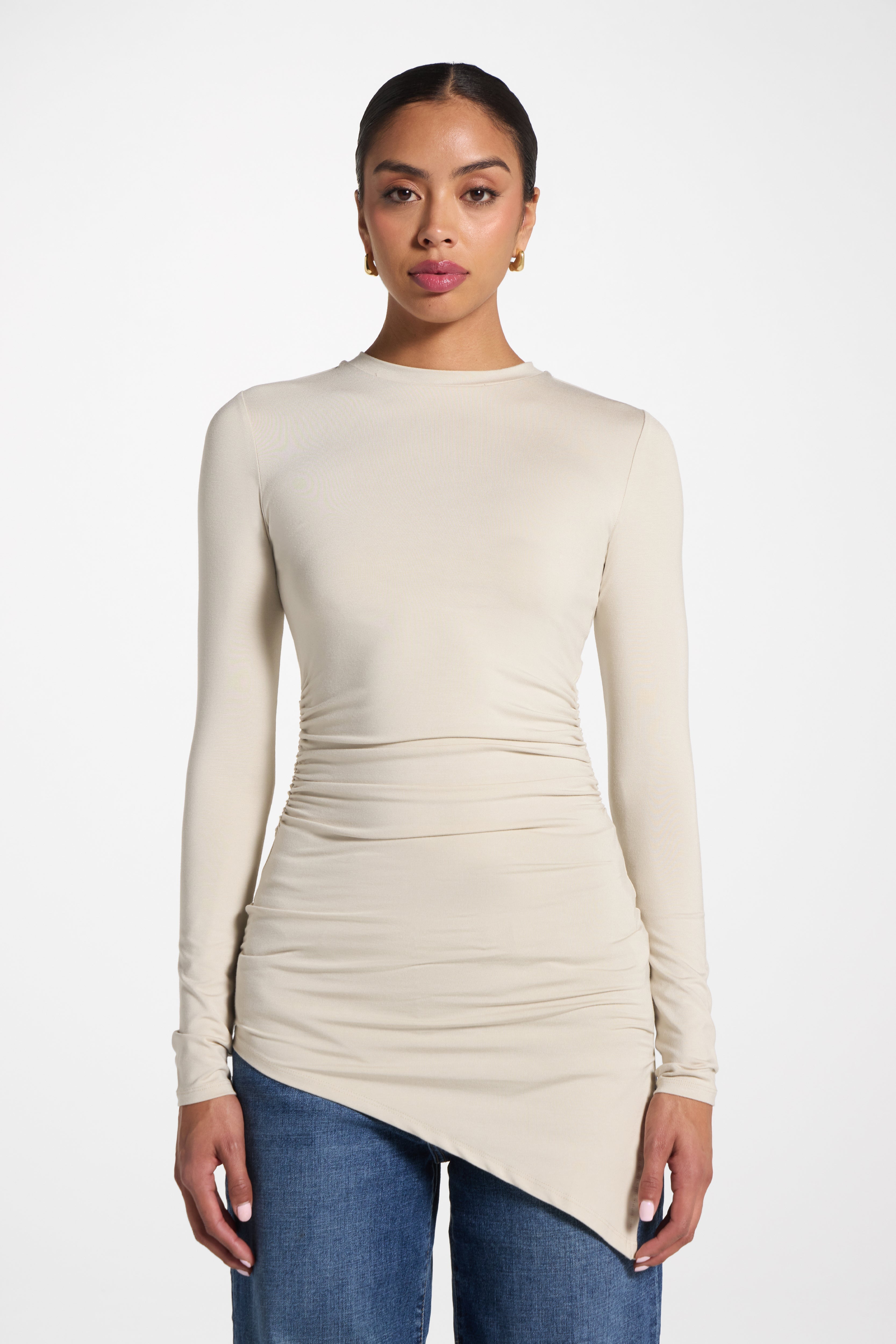 Asymmetric Rouched Bamboo Top - Stone Abayas Veiled 