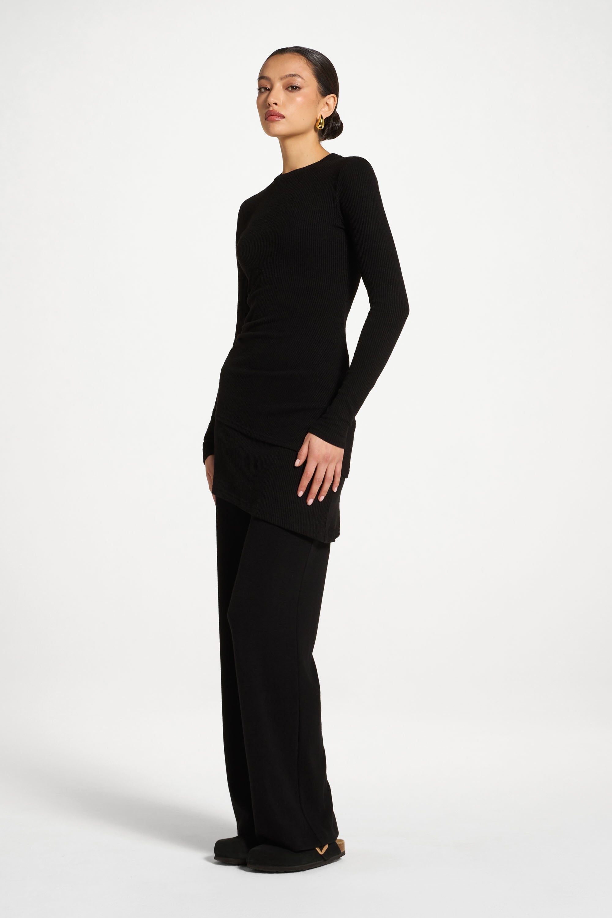Asymmetric Rouched Knit Top - Black Abayas Veiled 