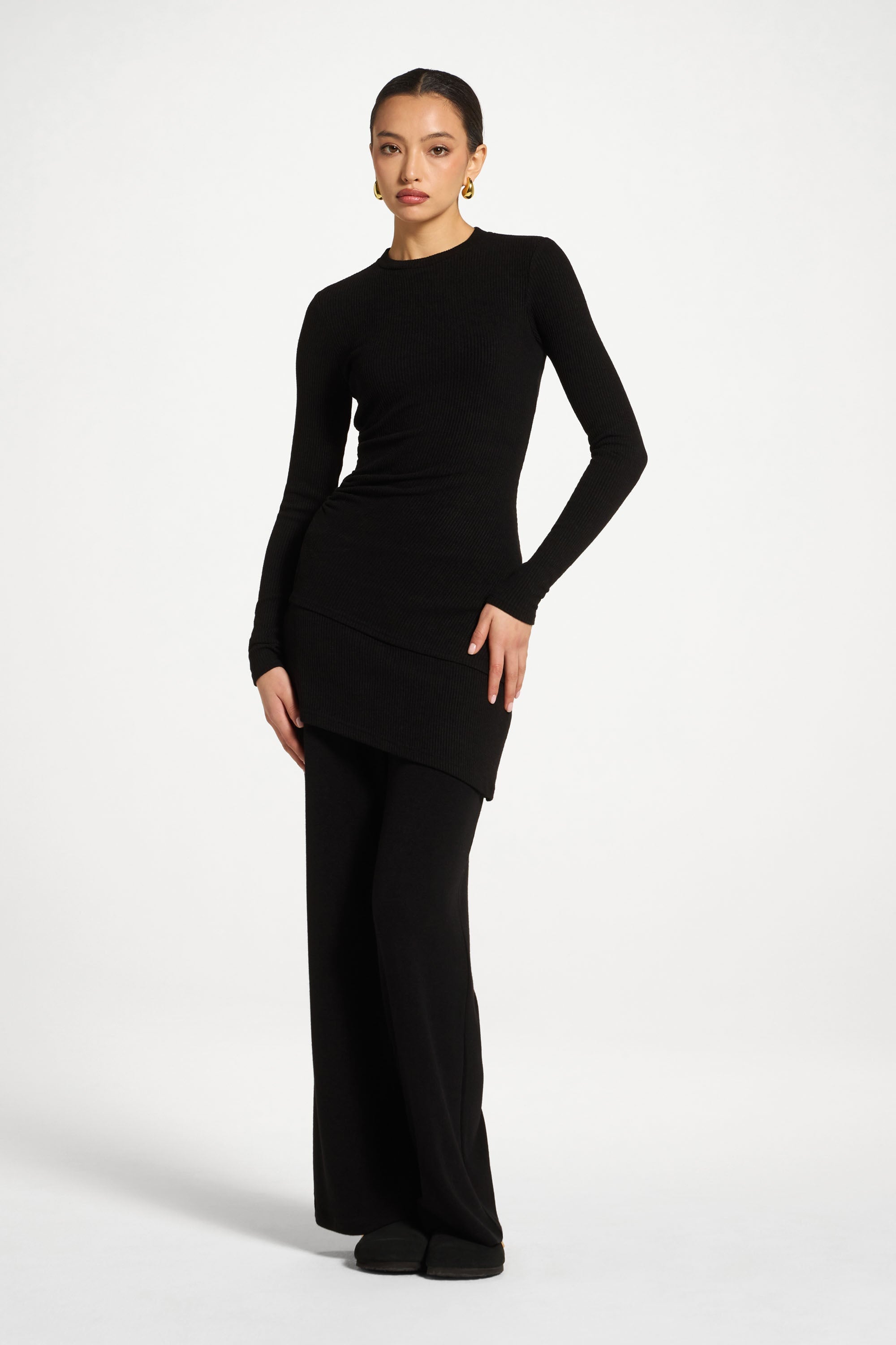 Asymmetric Rouched Knit Top - Black Abayas Veiled 