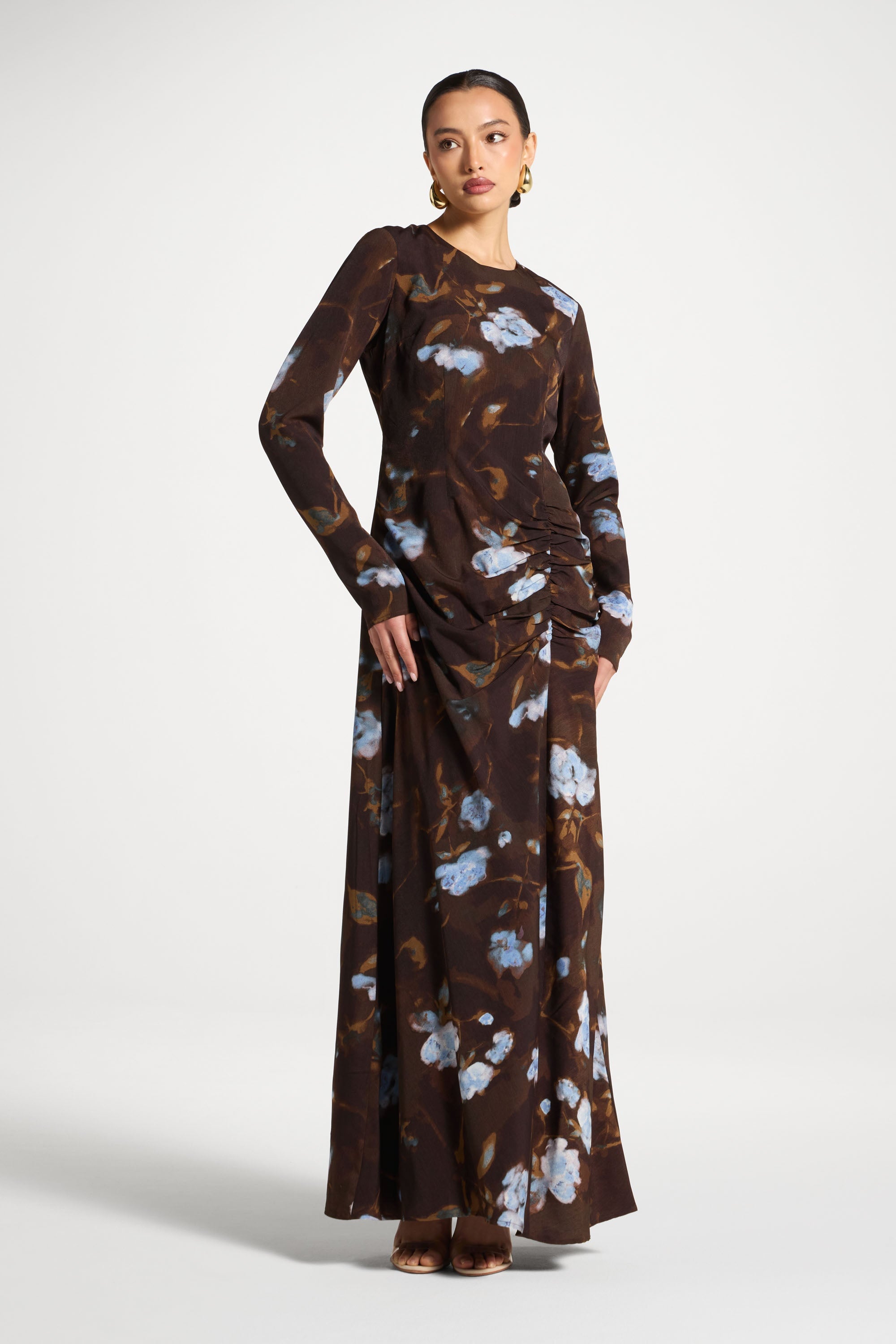 Asymmetric Rouched Maxi Dress - Cocoa Petals Abayas Veiled 
