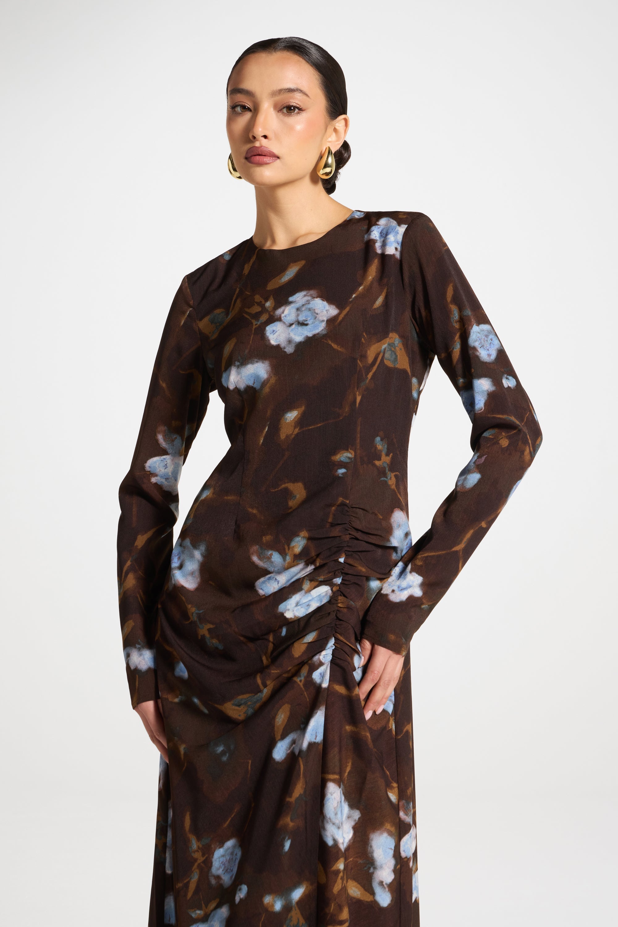 Asymmetric Rouched Maxi Dress - Cocoa Petals Abayas Veiled 