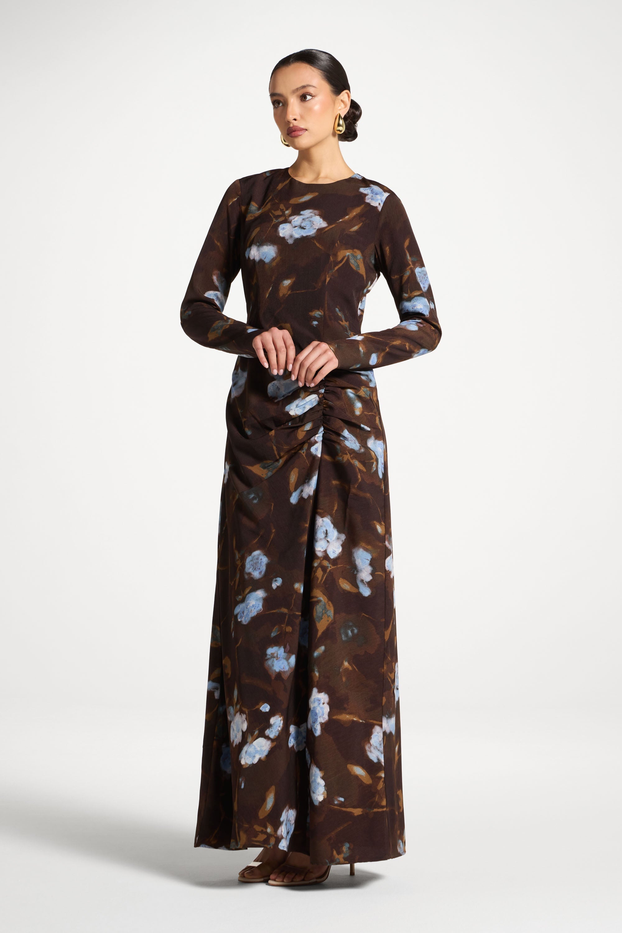 Asymmetric Rouched Maxi Dress - Cocoa Petals Abayas Veiled 