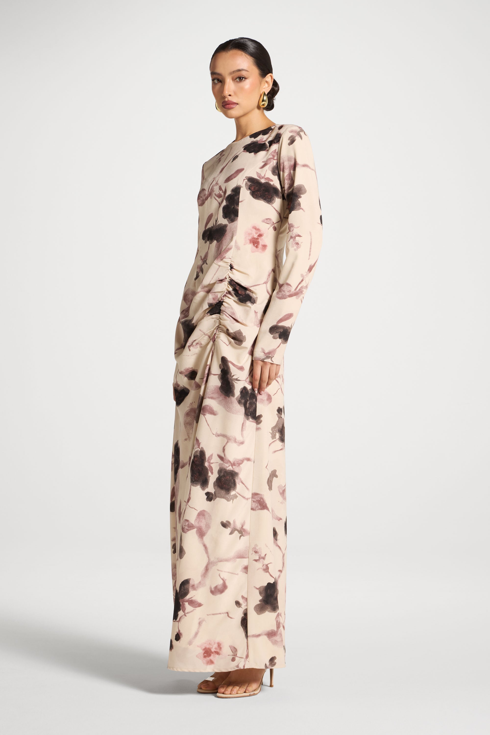 Asymmetric Rouched Maxi Dress - Vanilla Petals Abayas Veiled 