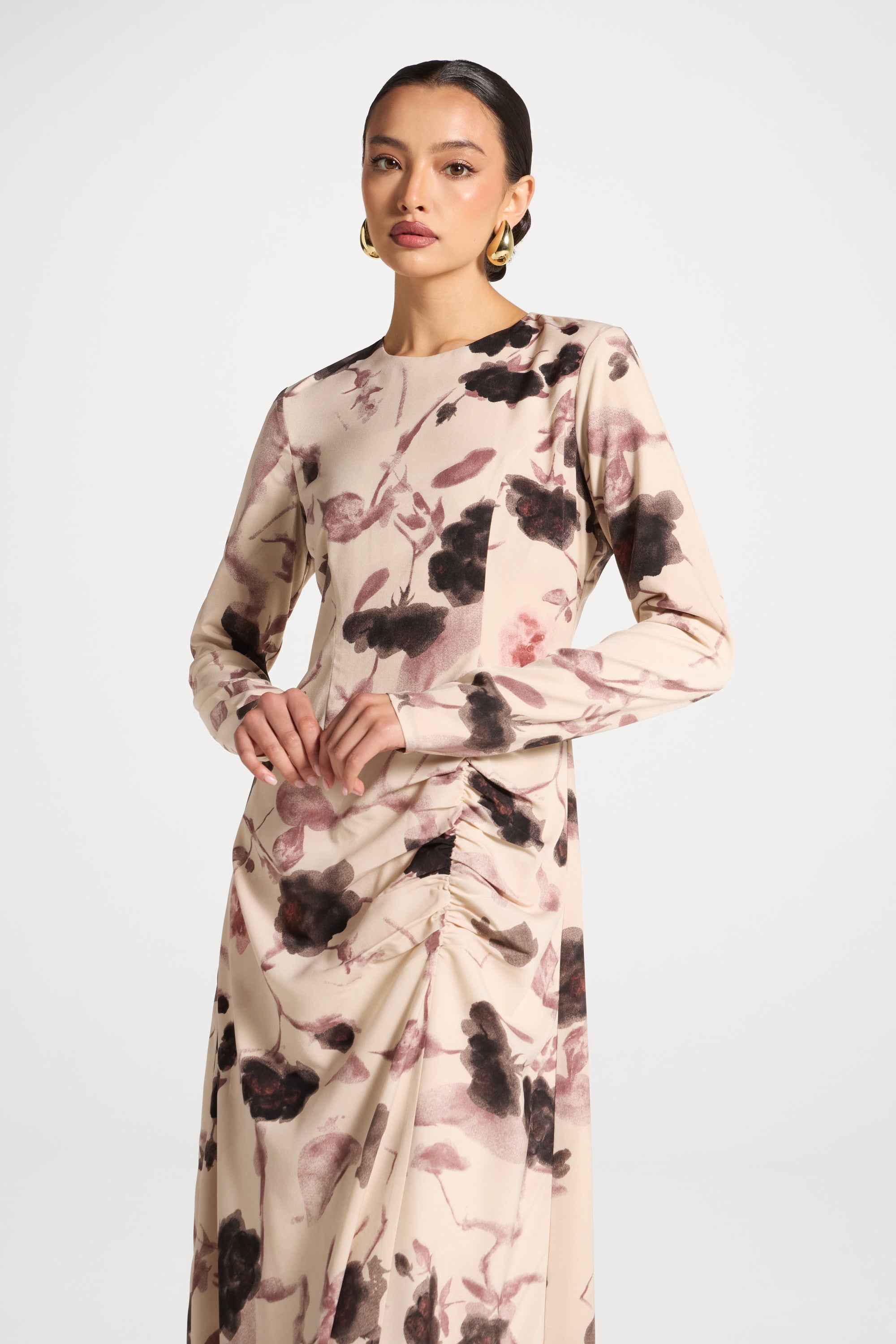 Asymmetric Rouched Maxi Dress - Vanilla Petals Abayas Veiled 