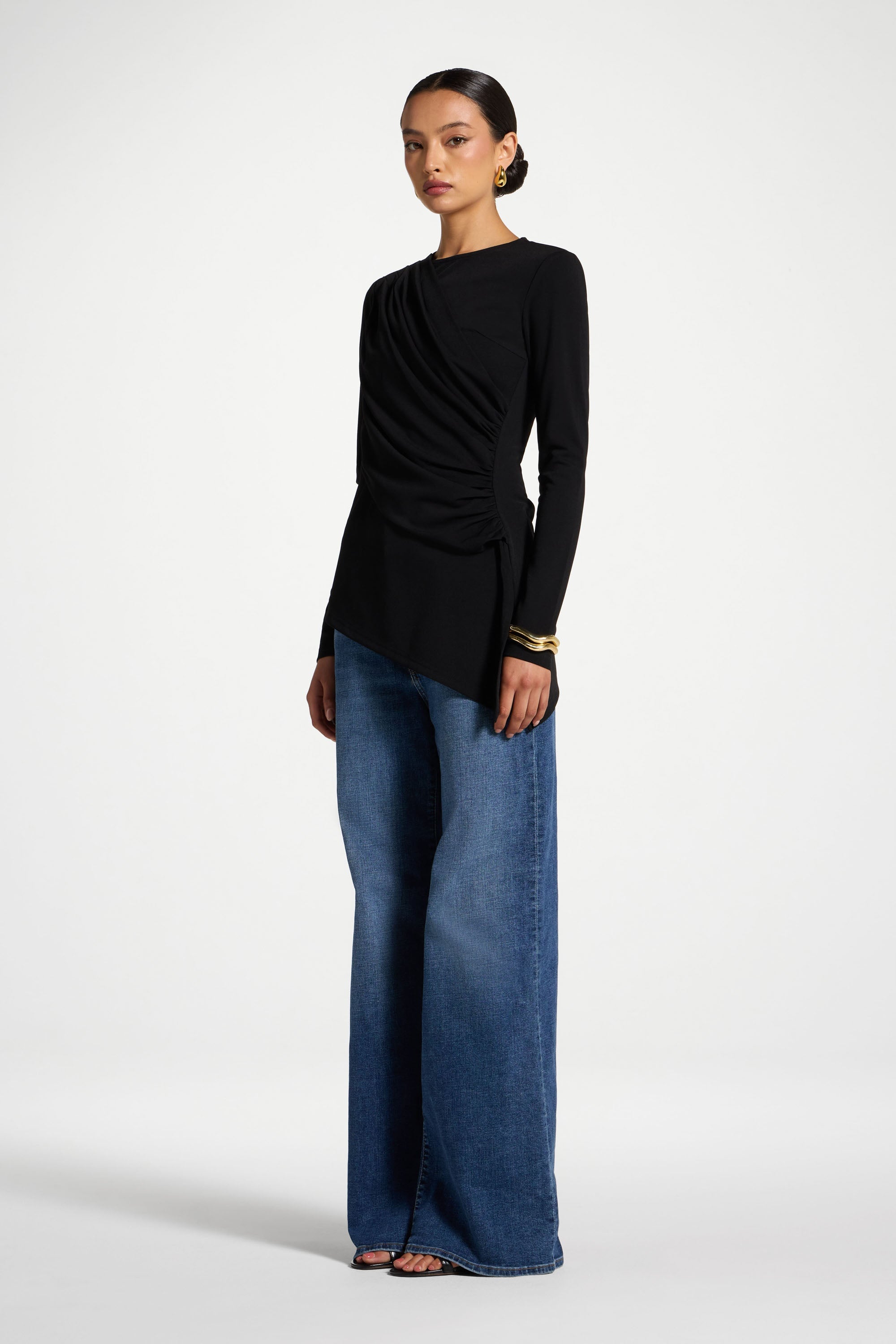 Asymmetric Rouched Shoulder Top - Black Abayas Veiled 