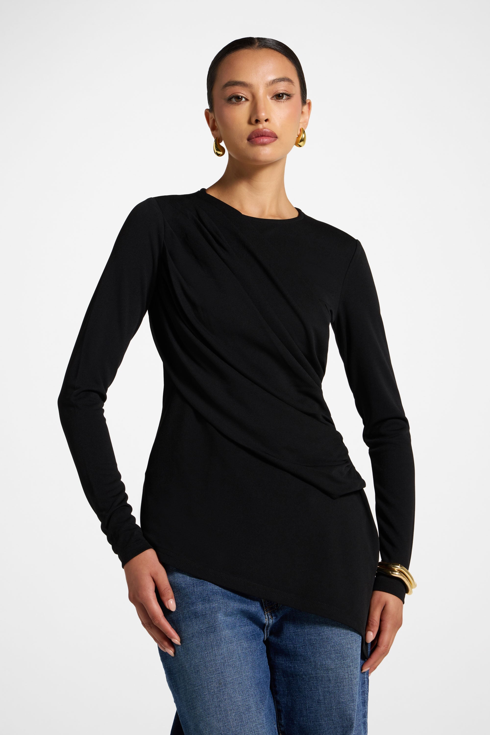 Asymmetric Rouched Shoulder Top - Black Abayas Veiled 
