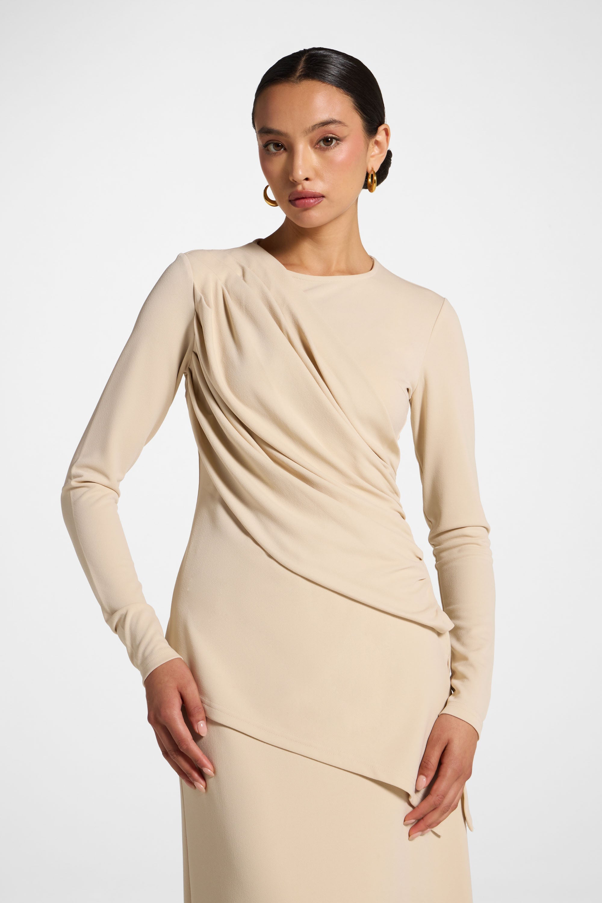 Asymmetric Rouched Shoulder Top - Cloud Abayas Veiled 