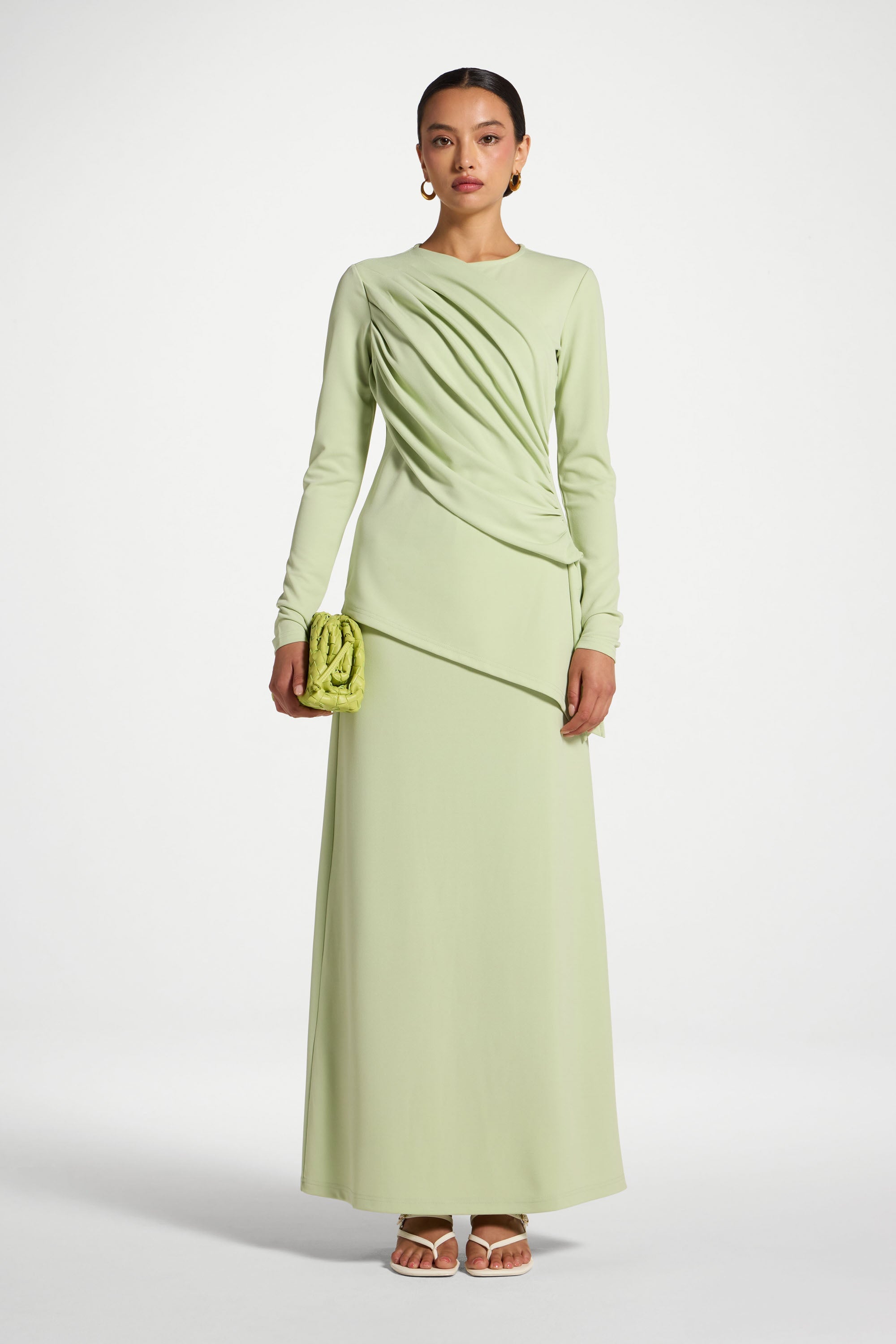 Asymmetric Rouched Shoulder Top - Spring Green Abayas Veiled 