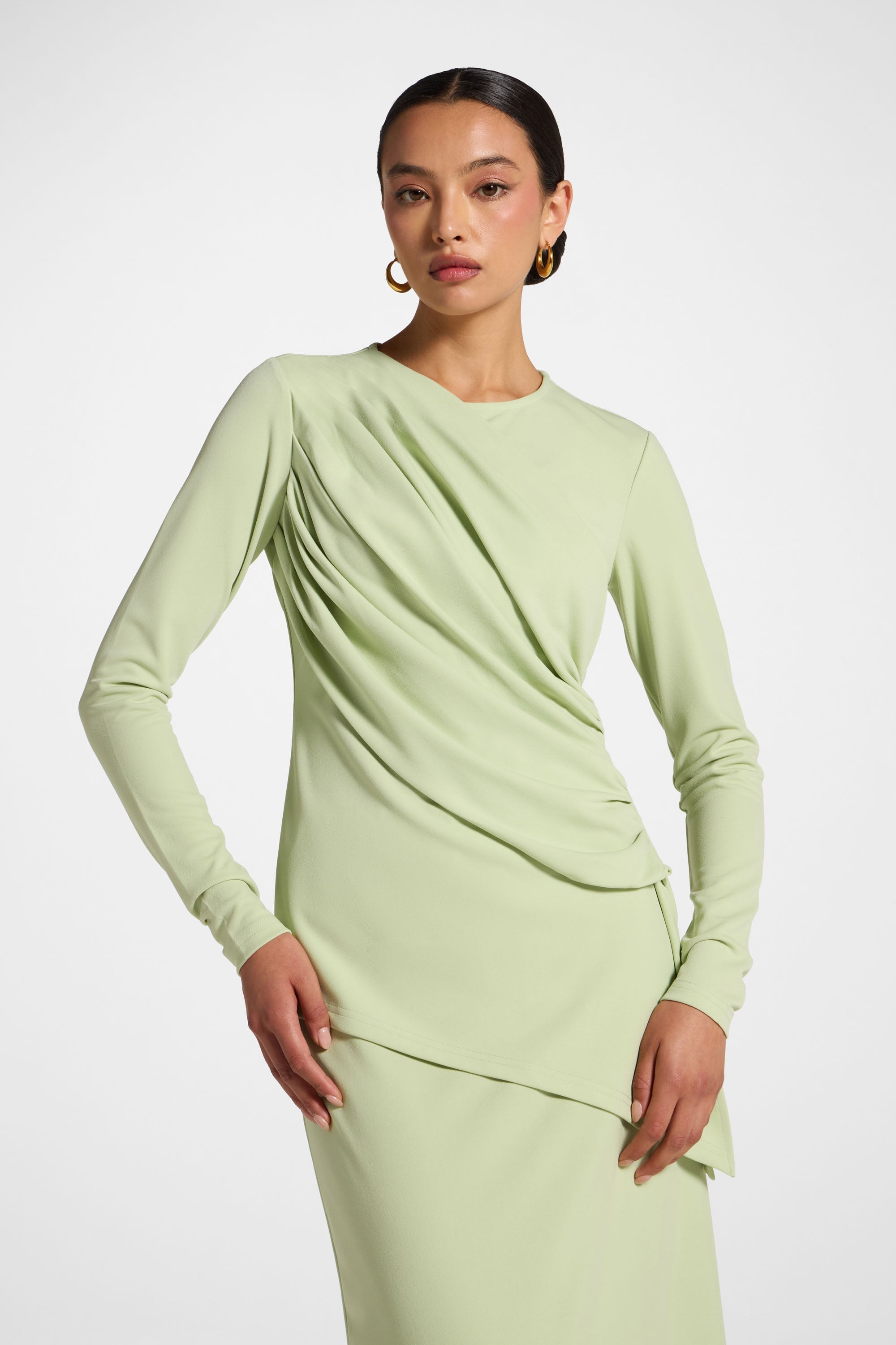 Asymmetric Rouched Shoulder Top - Spring Green Abayas Veiled 