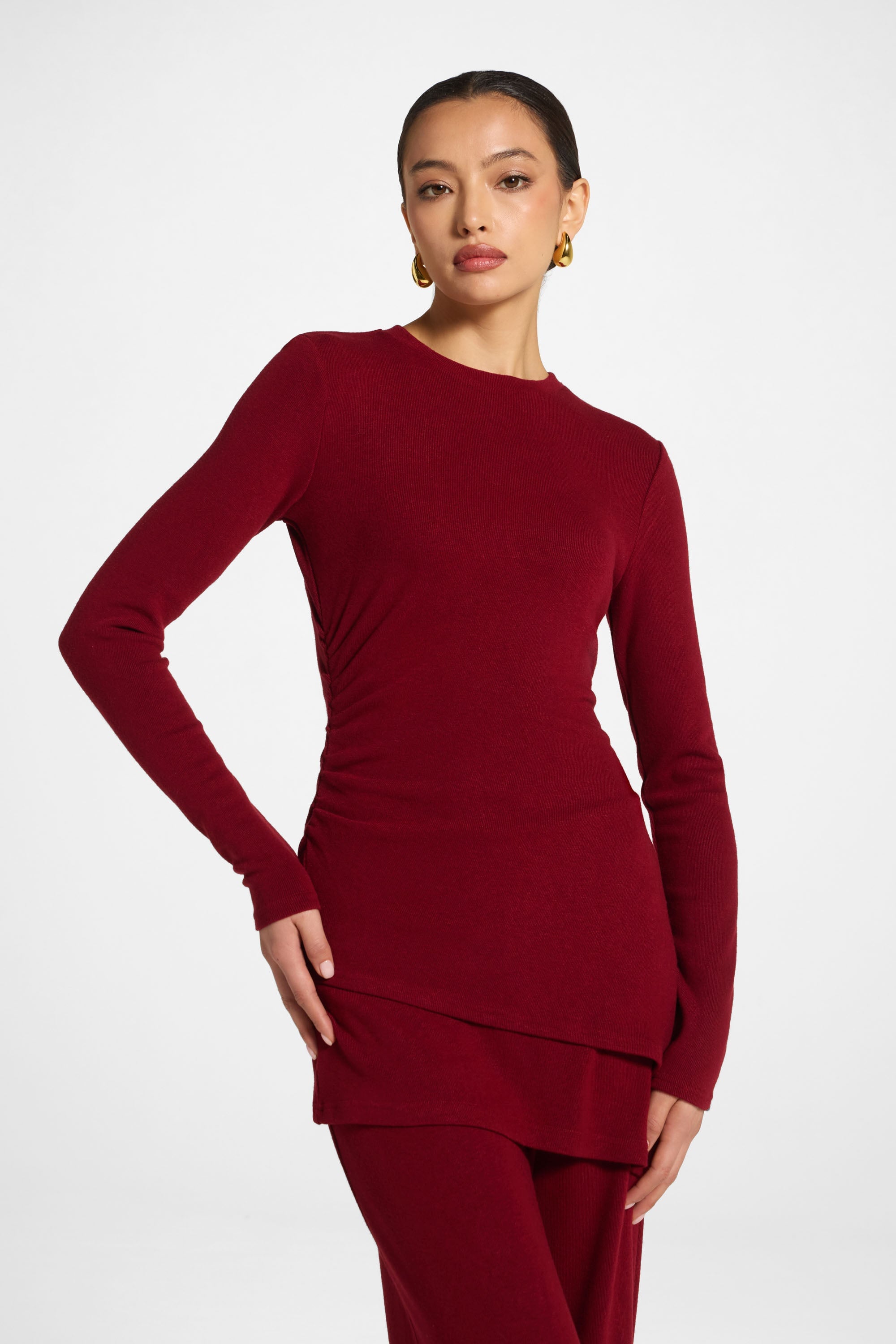 Asymmetric Rouched Top - Cherry Lacquer Abayas Veiled 