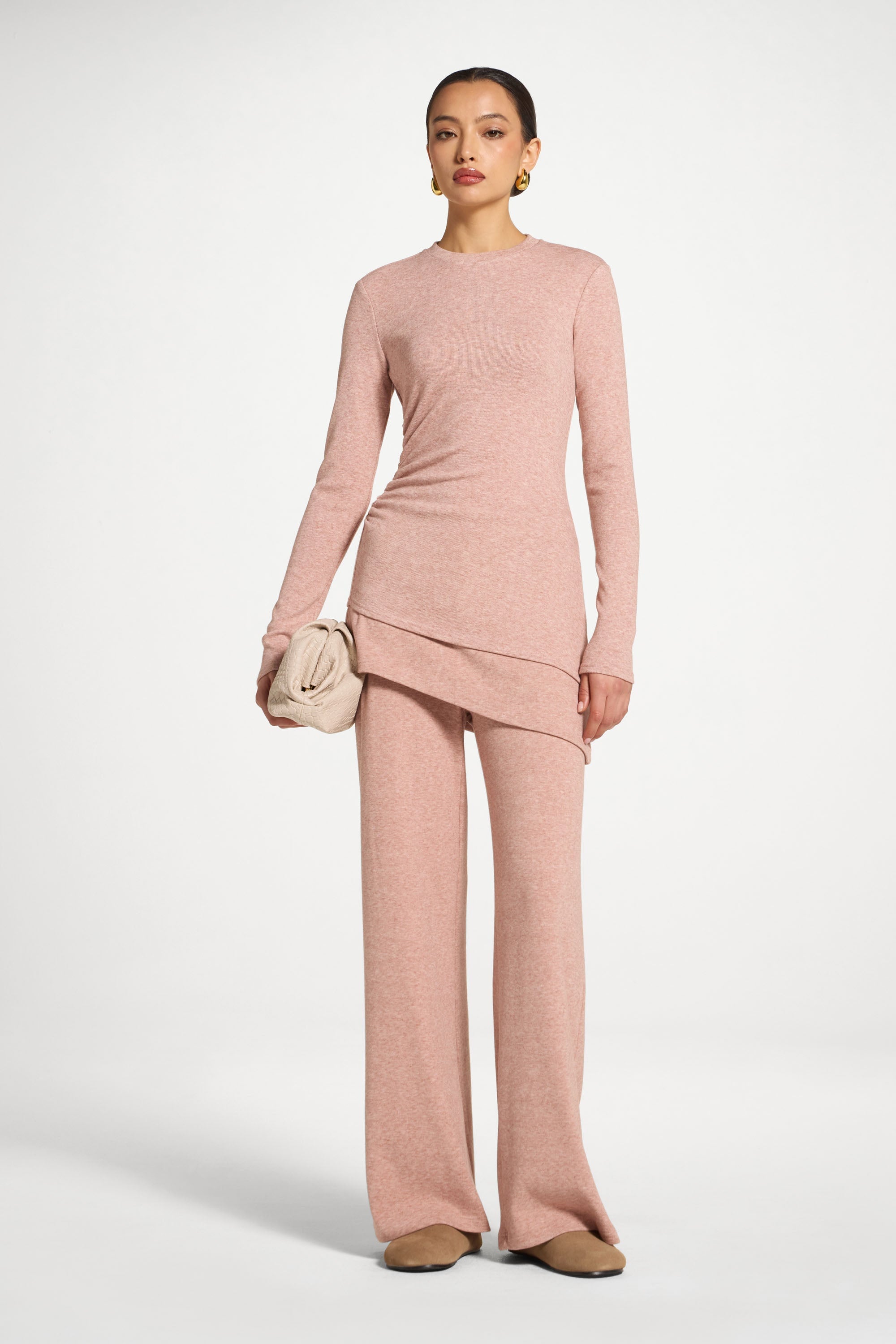 Asymmetric Rouched Knit Top - Rose
