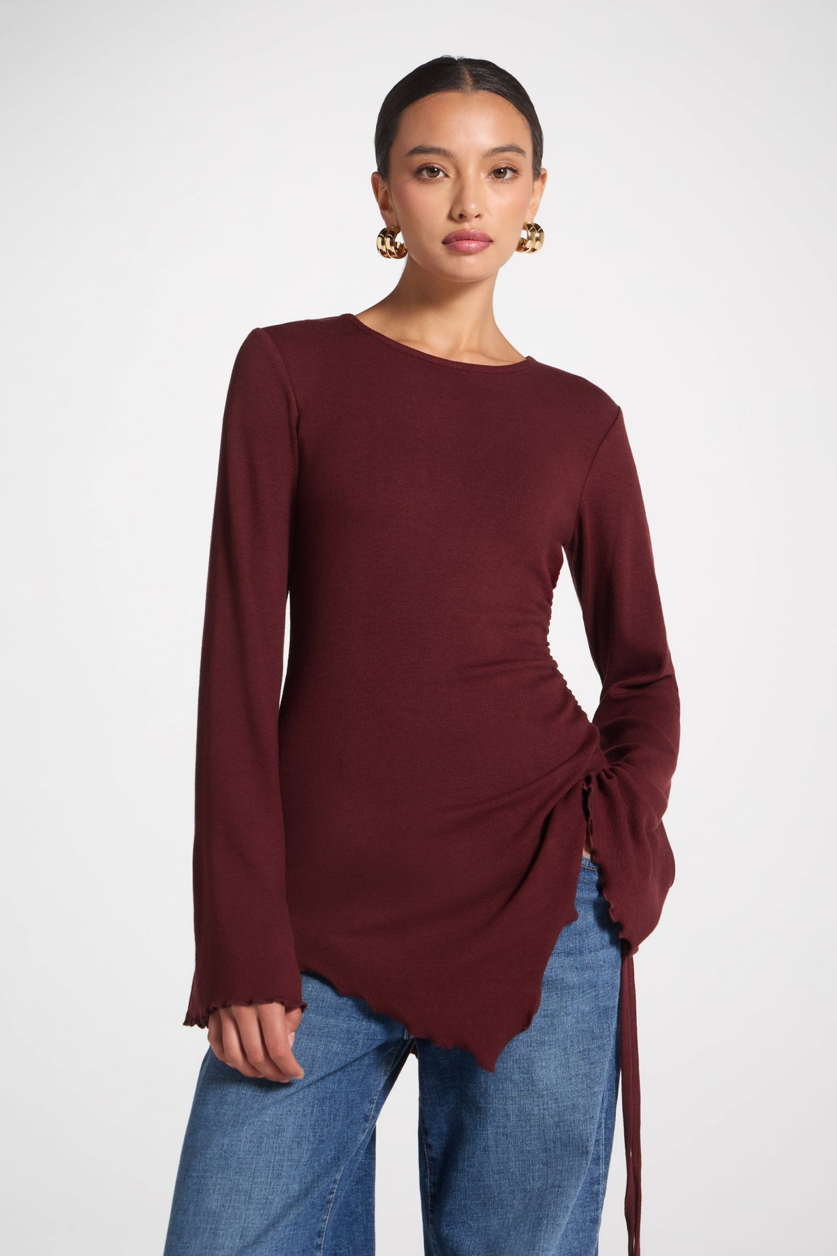 Asymmetric Ruched Top - Chocolate Truffle Top Veiled 