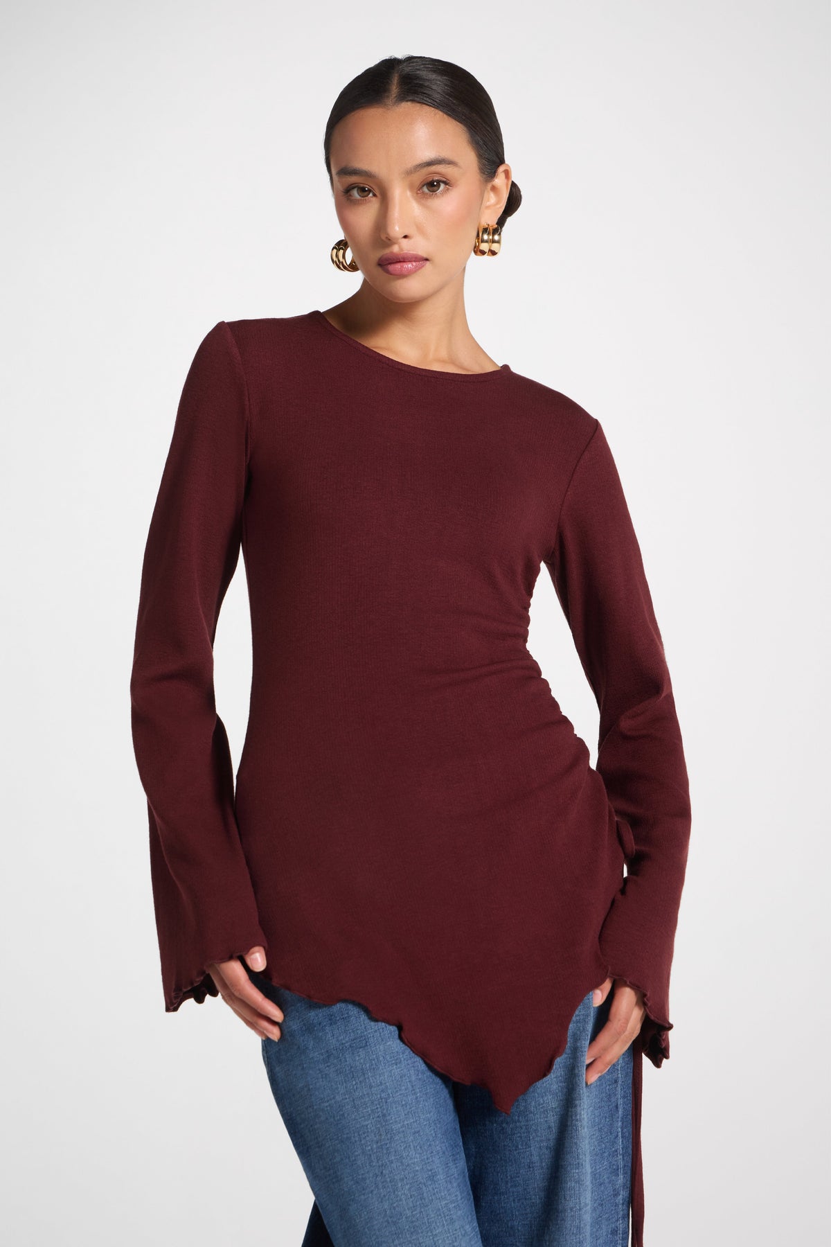 Asymmetric Ruched Top - Chocolate Truffle Top Veiled 
