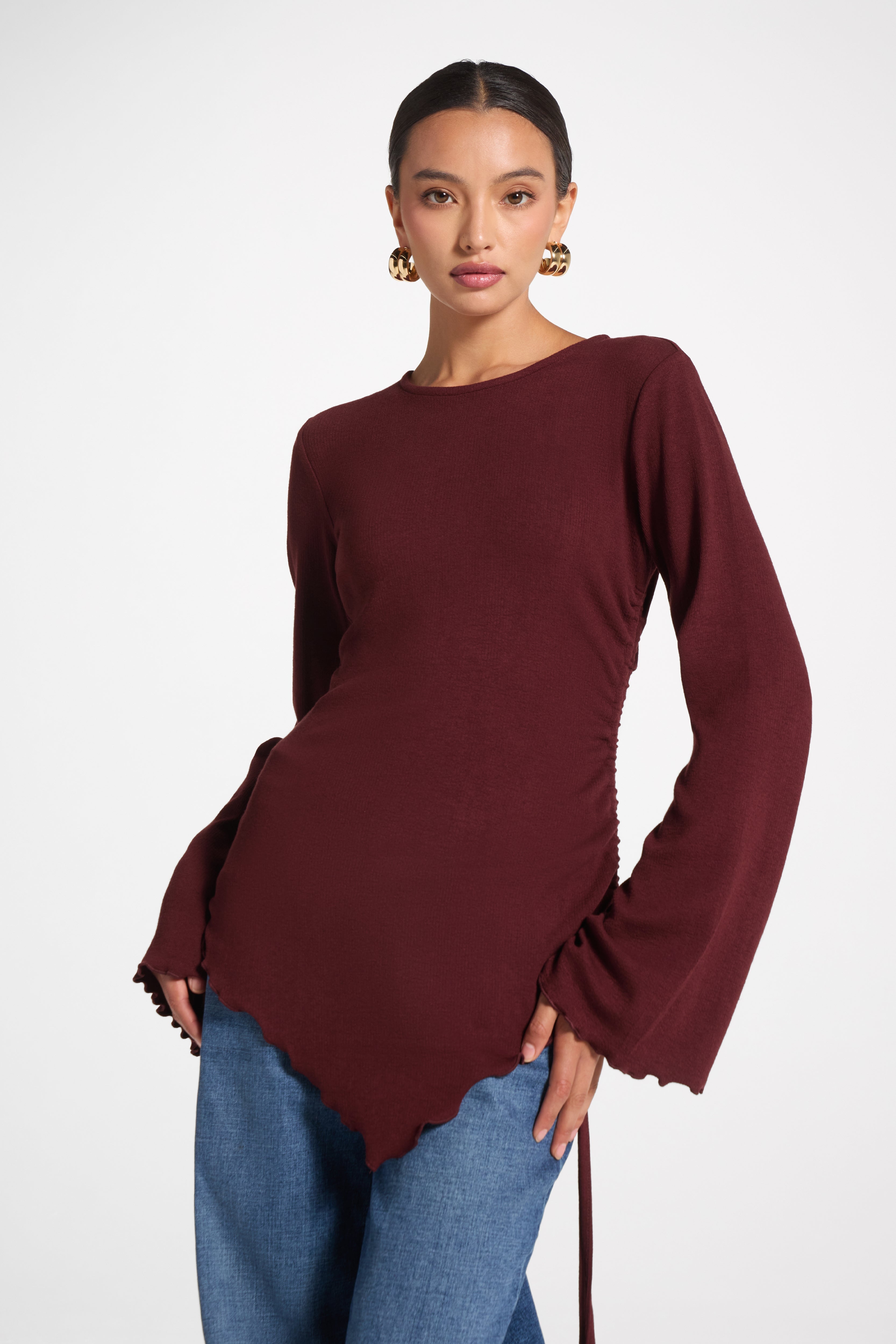 Asymmetric Ruched Top - Chocolate Truffle Top Veiled 