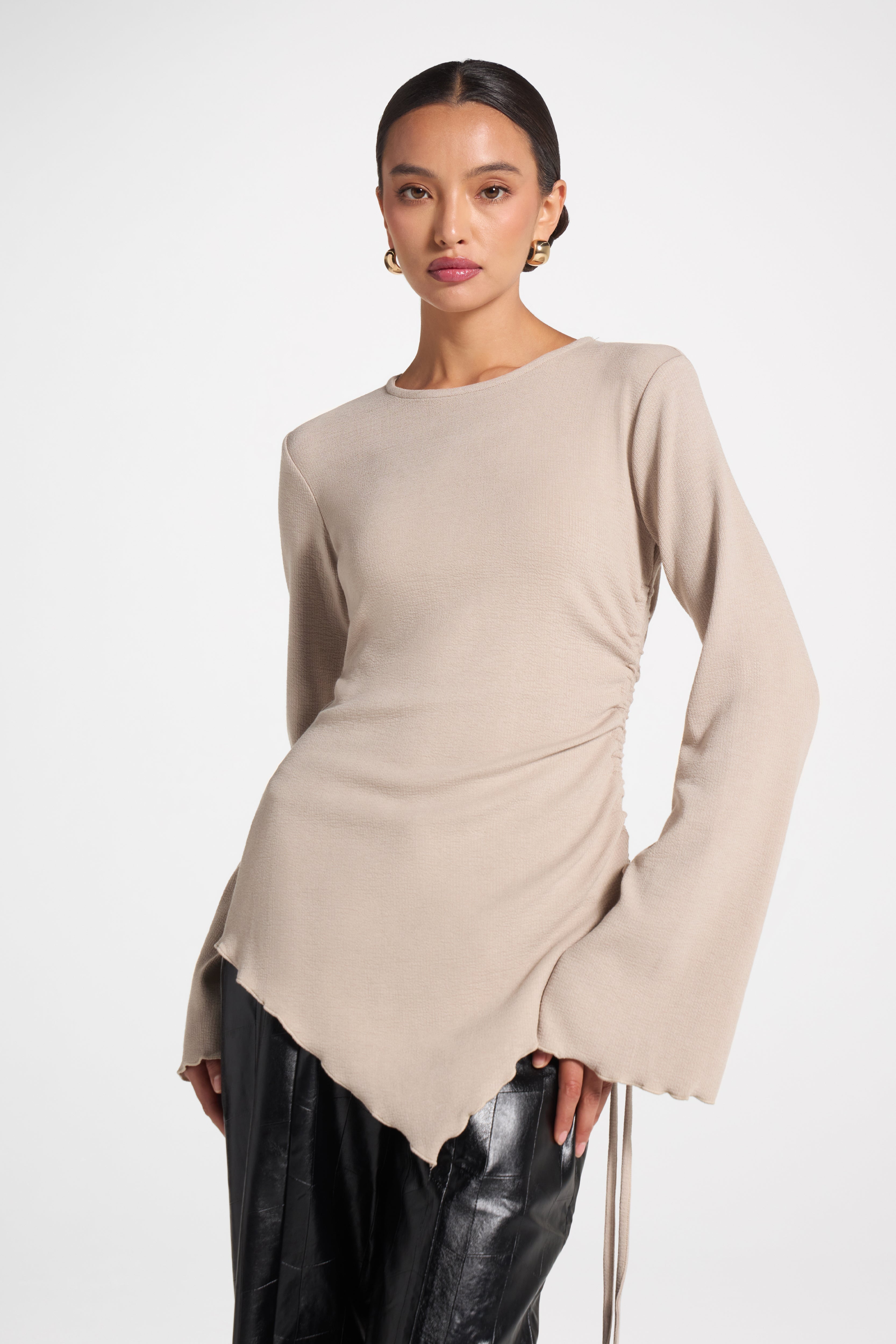 Asymmetric Ruched Top - Taupe Top Veiled 