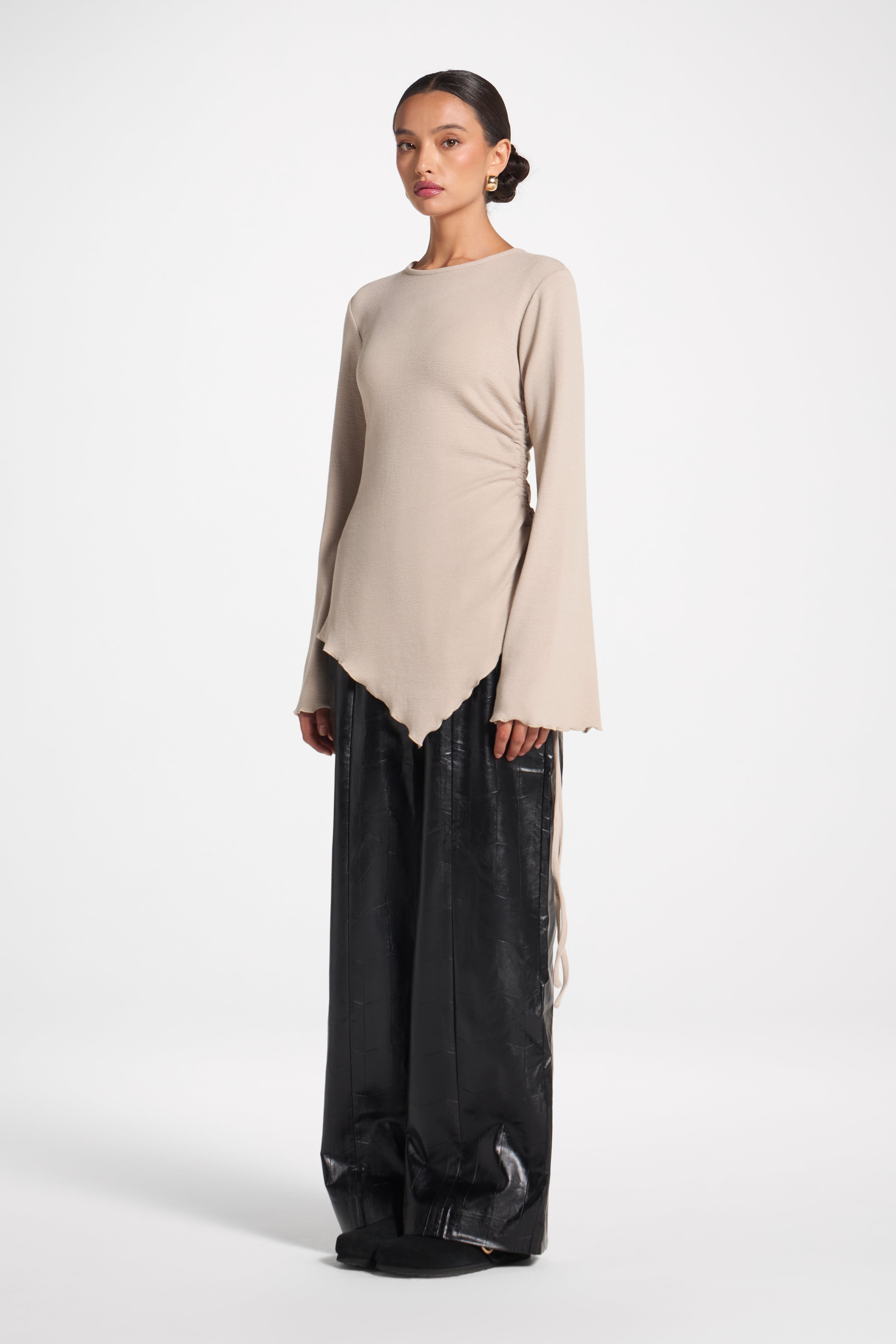Asymmetric Ruched Top - Taupe Top Veiled 