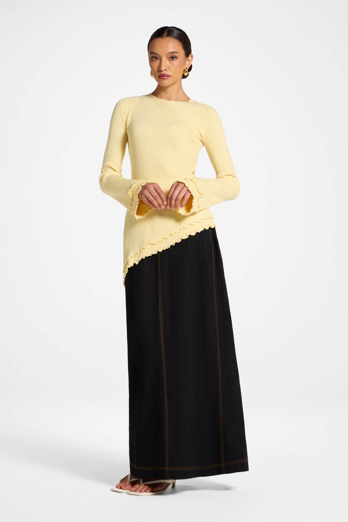 Asymmetric Ruffle Hem Knit Top - Banana Veiled 