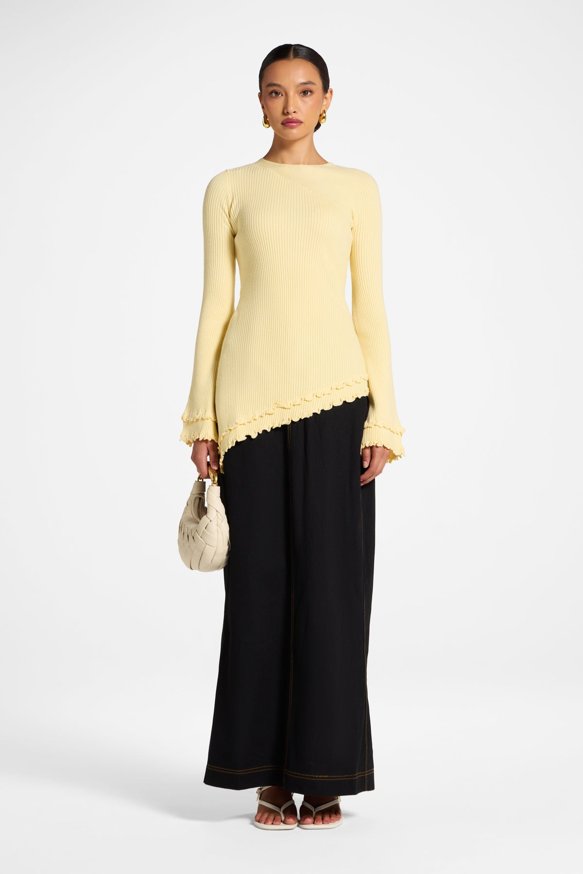 Asymmetric Ruffle Hem Knit Top - Banana Veiled 