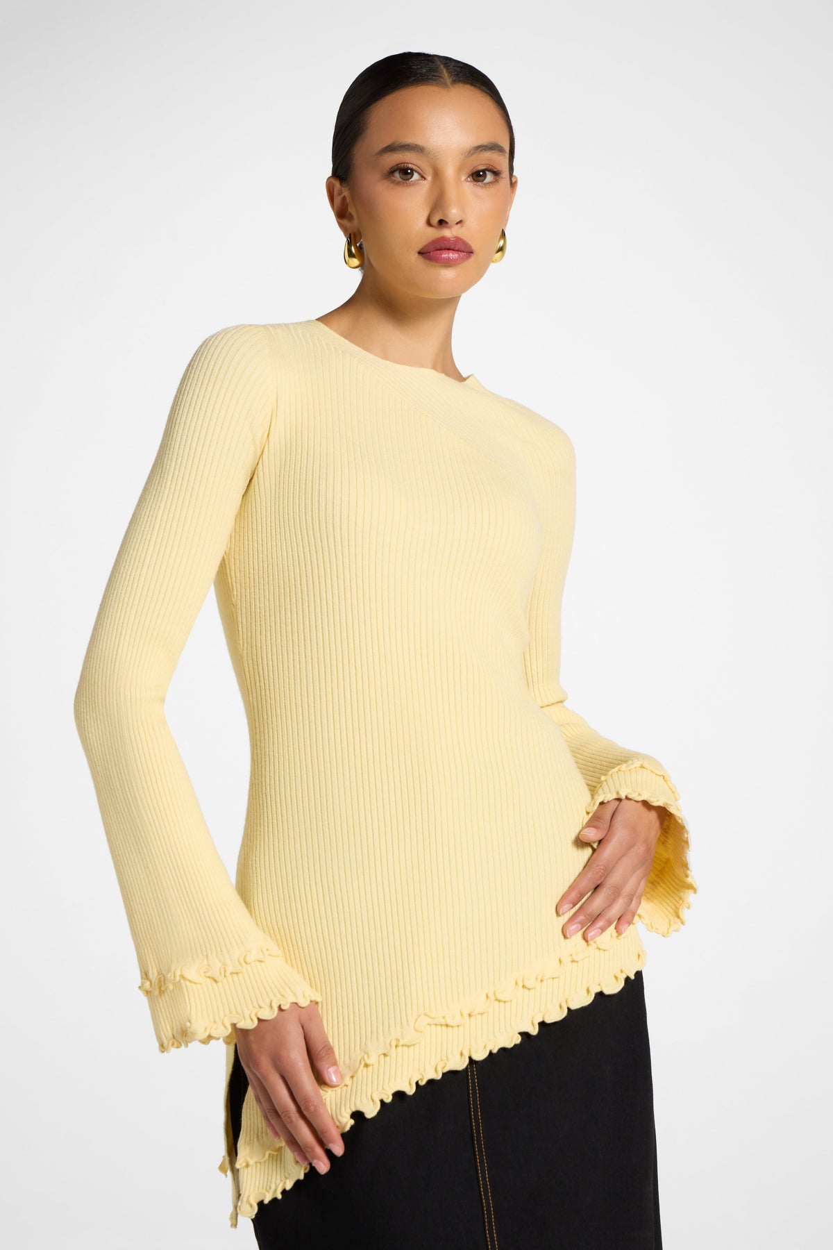 Asymmetric Ruffle Hem Knit Top - Banana Veiled 