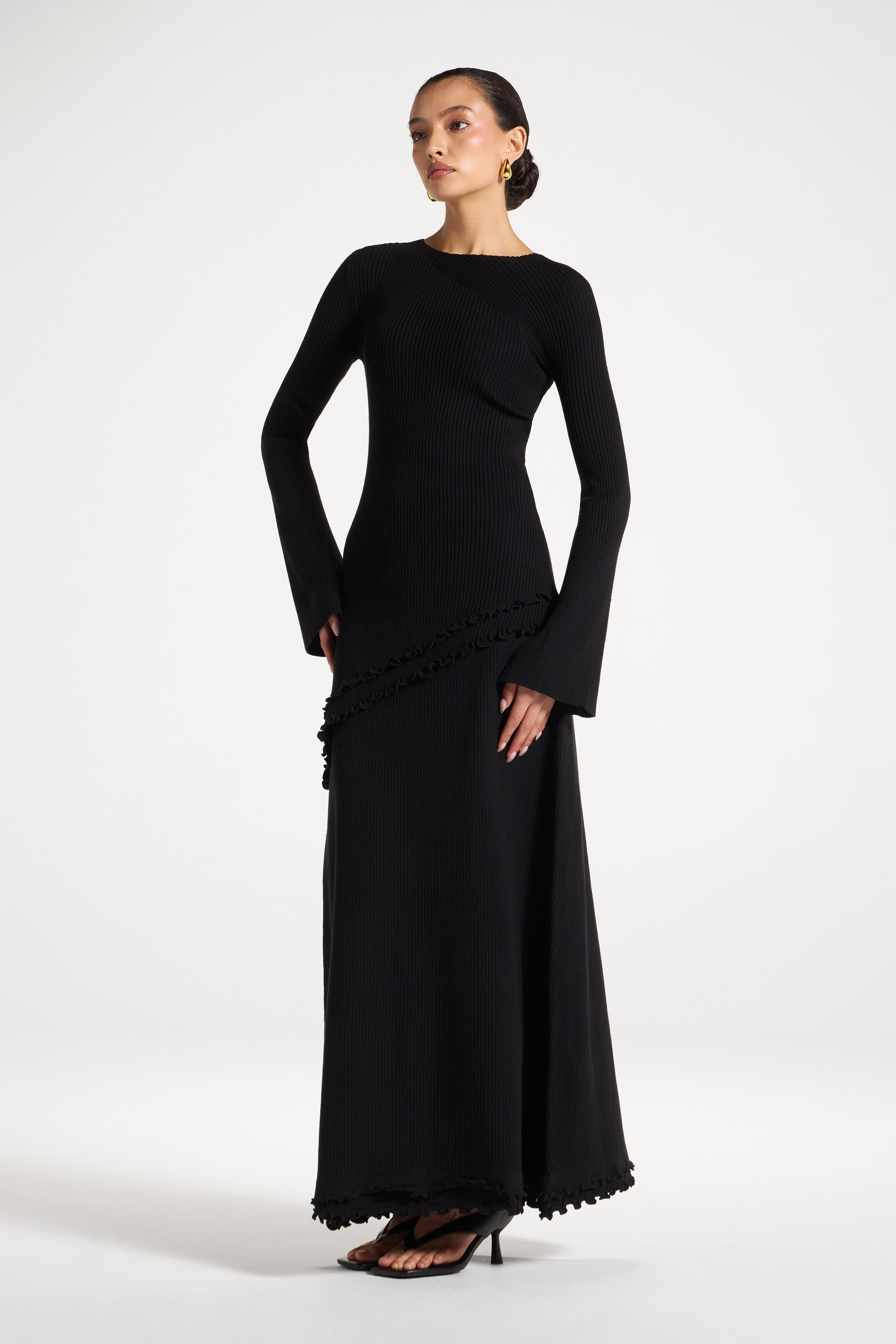 Asymmetric Ruffle Hem Knit Top - Black Abayas Veiled 