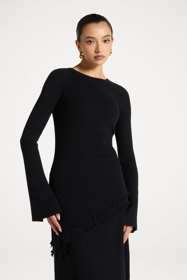 Asymmetric Ruffle Hem Knit Top - Black Abayas Veiled 