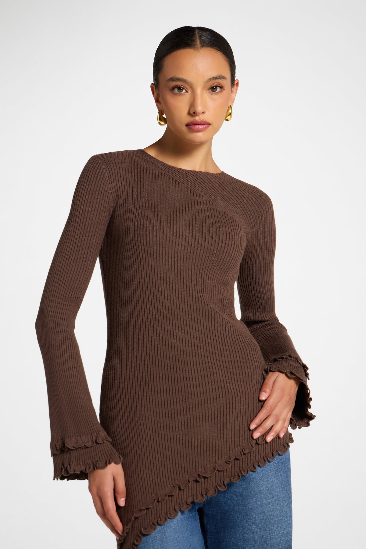 Asymmetric Ruffle Hem Knit Top - Brown Veiled 