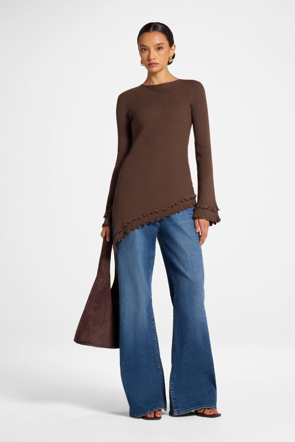 Asymmetric Ruffle Hem Knit Top - Brown Veiled 