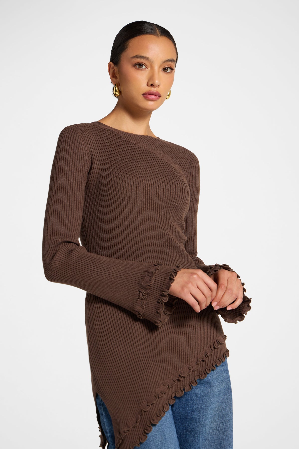 Asymmetric Ruffle Hem Knit Top - Brown Veiled 