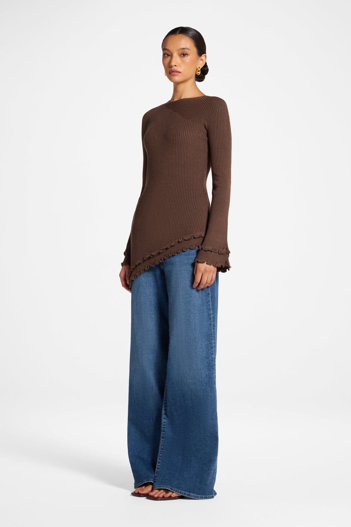 Asymmetric Ruffle Hem Knit Top - Brown Veiled 