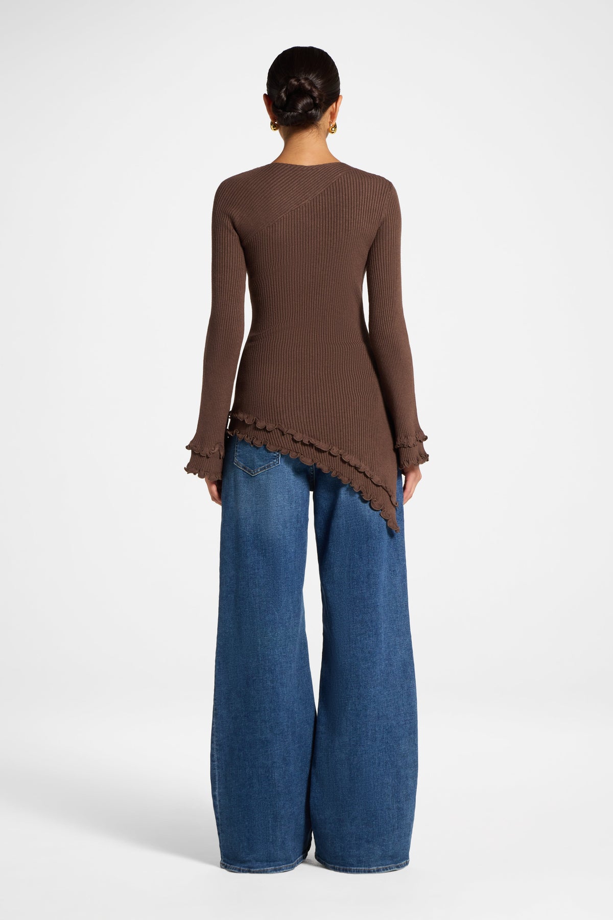 Asymmetric Ruffle Hem Knit Top - Brown Veiled 