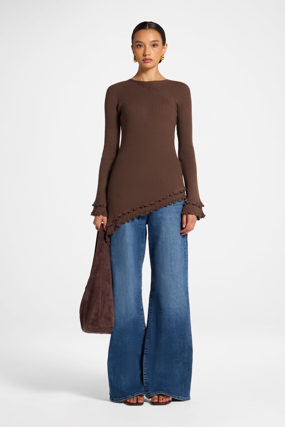 Asymmetric Ruffle Hem Knit Top - Brown Veiled 