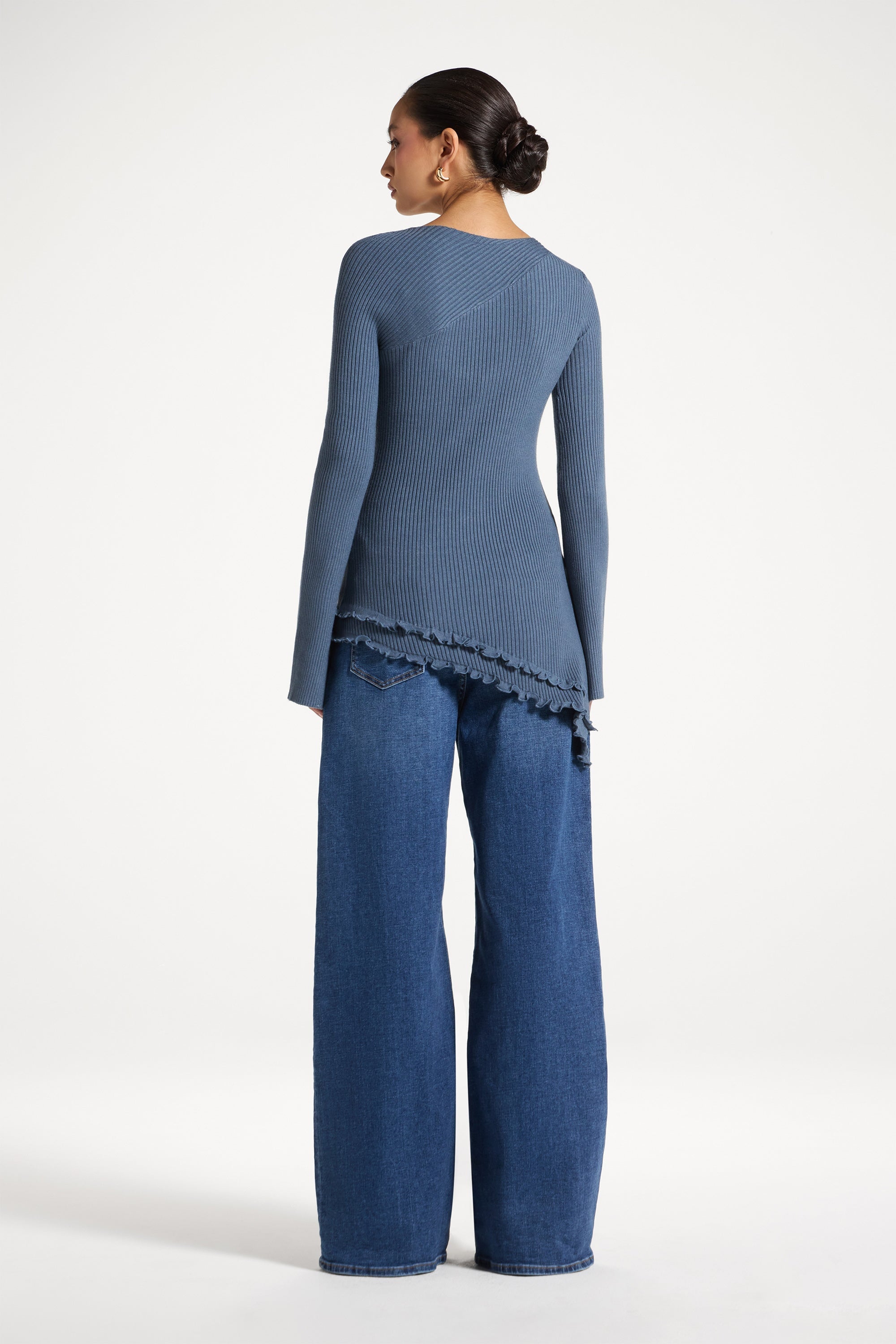 Asymmetric Ruffle Hem Knit Top - Denim Abayas Veiled 
