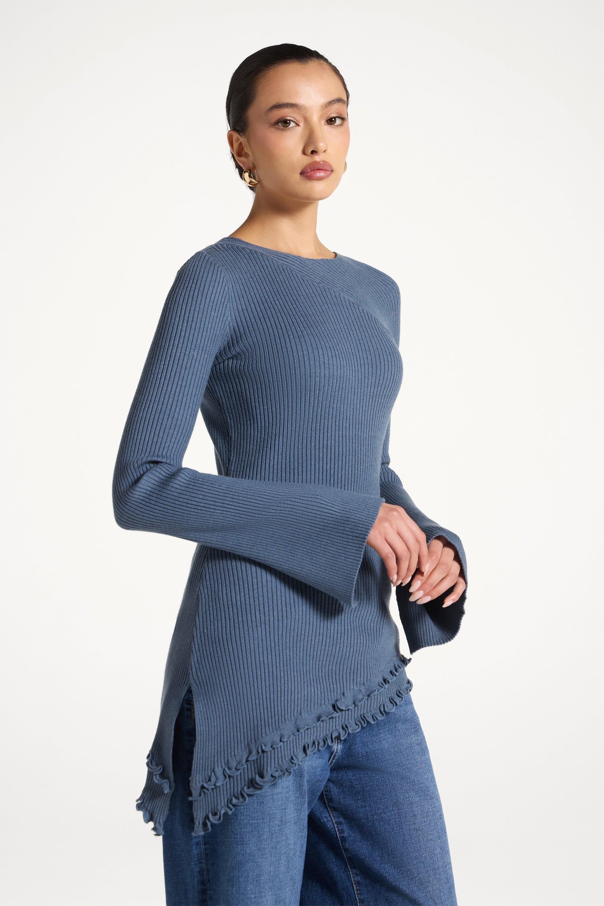 Asymmetric Ruffle Hem Knit Top - Denim Abayas Veiled 