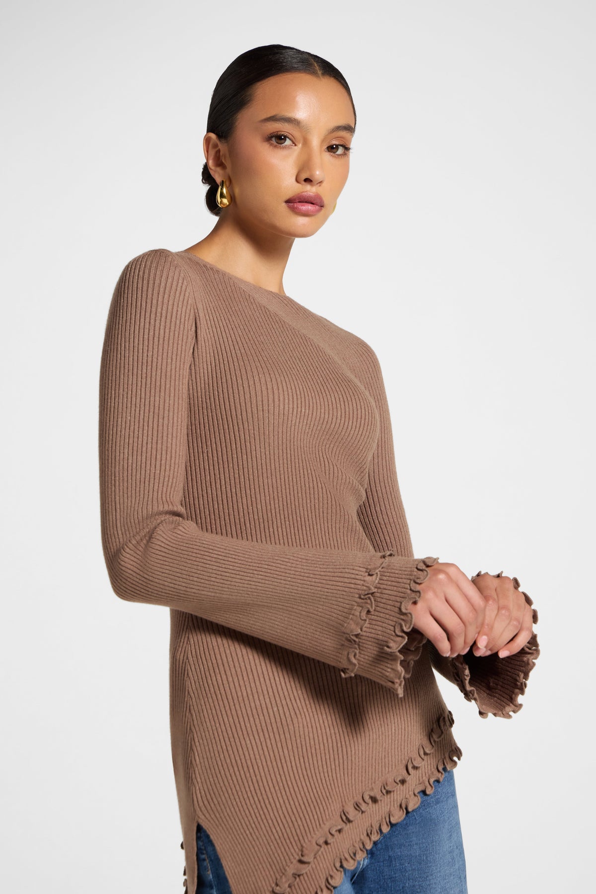 Asymmetric Ruffle Hem Knit Top - Fawn Veiled 
