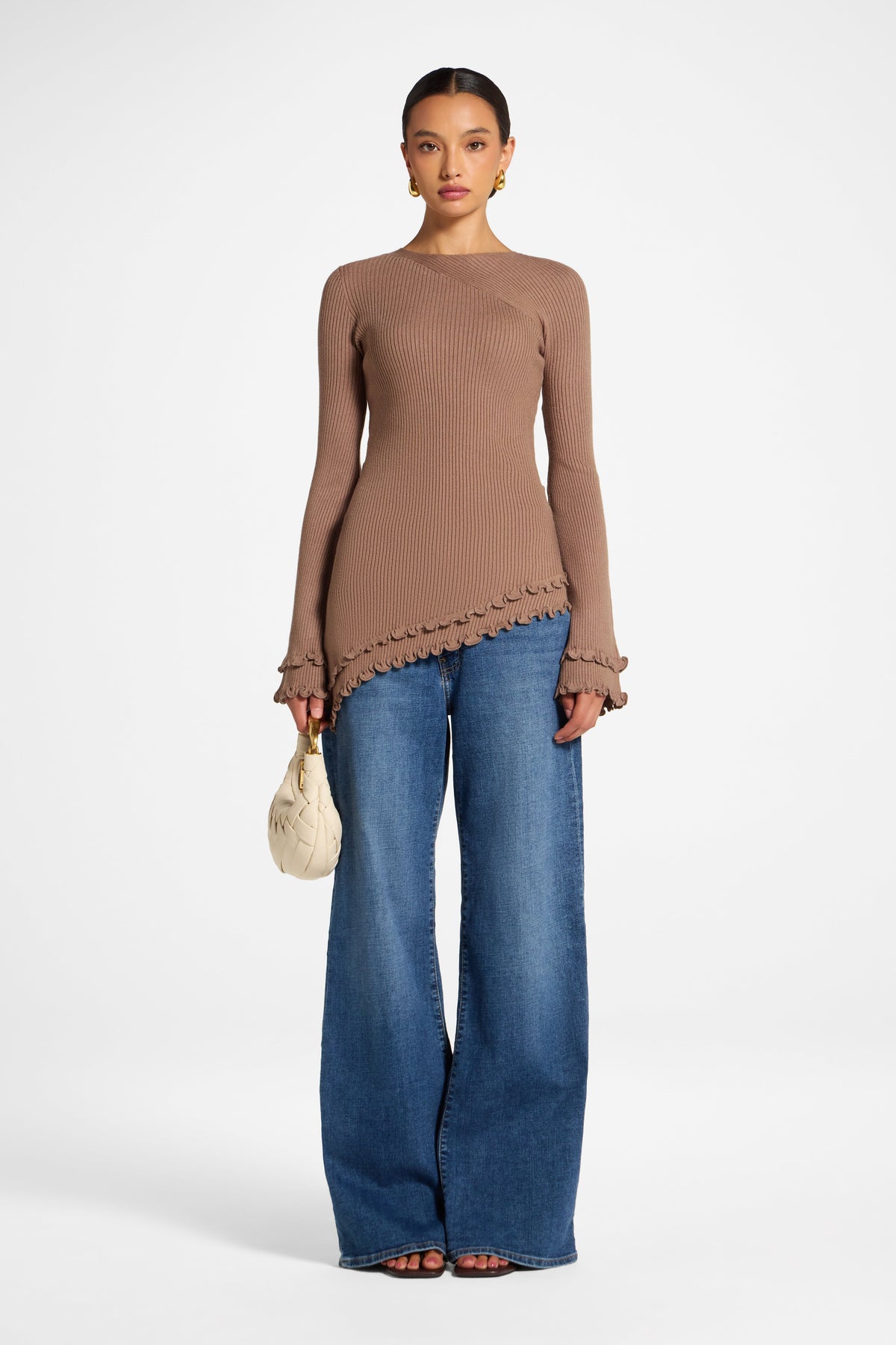 Asymmetric Ruffle Hem Knit Top - Fawn Veiled 