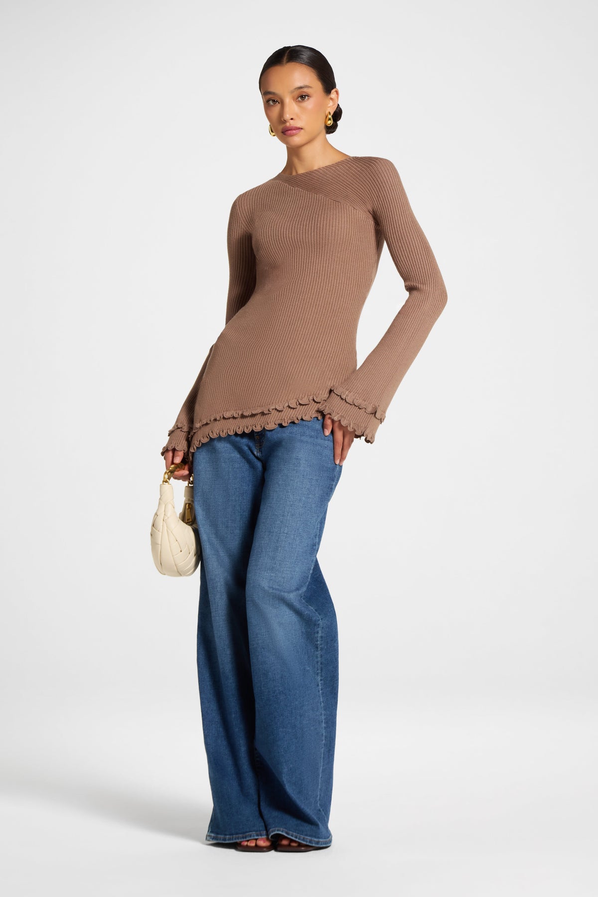 Asymmetric Ruffle Hem Knit Top - Fawn Veiled 