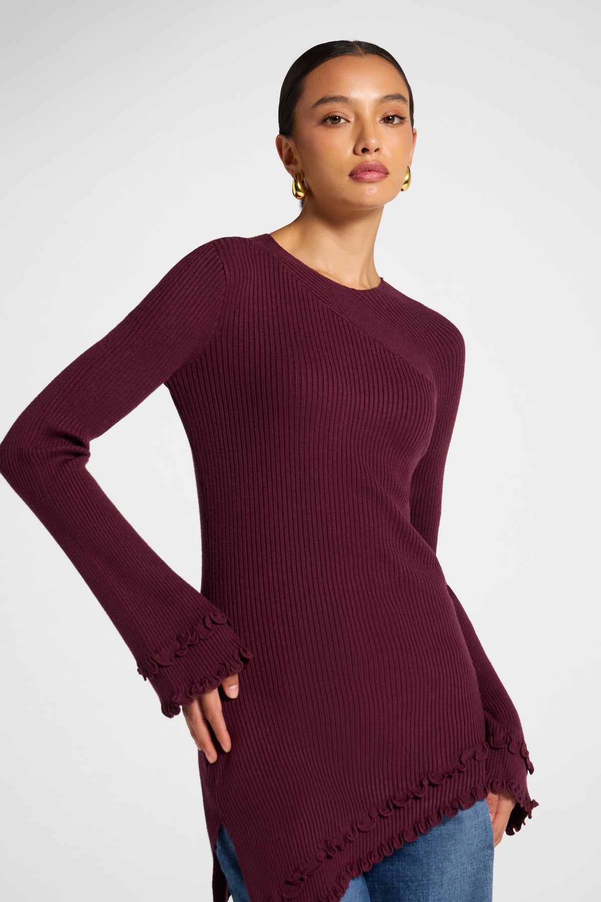 Asymmetric Ruffle Hem Knit Top - Fig Veiled 