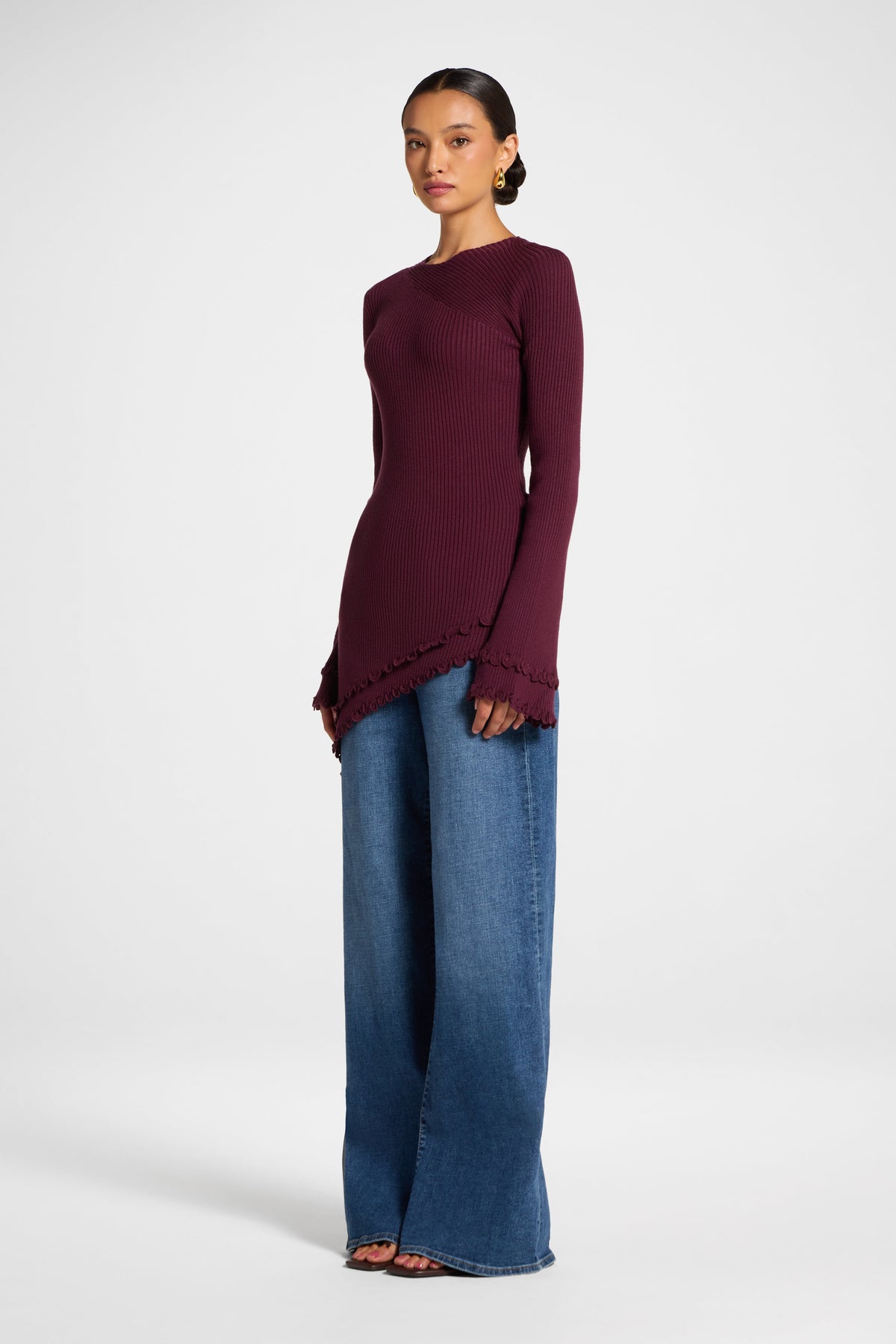 Asymmetric Ruffle Hem Knit Top - Fig Veiled 