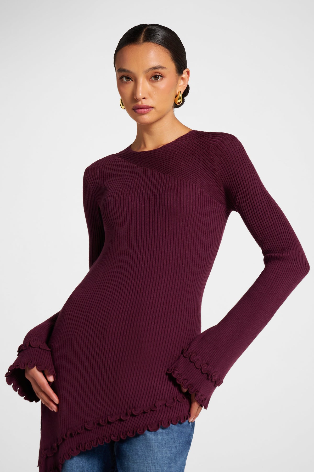 Asymmetric Ruffle Hem Knit Top - Fig Veiled 