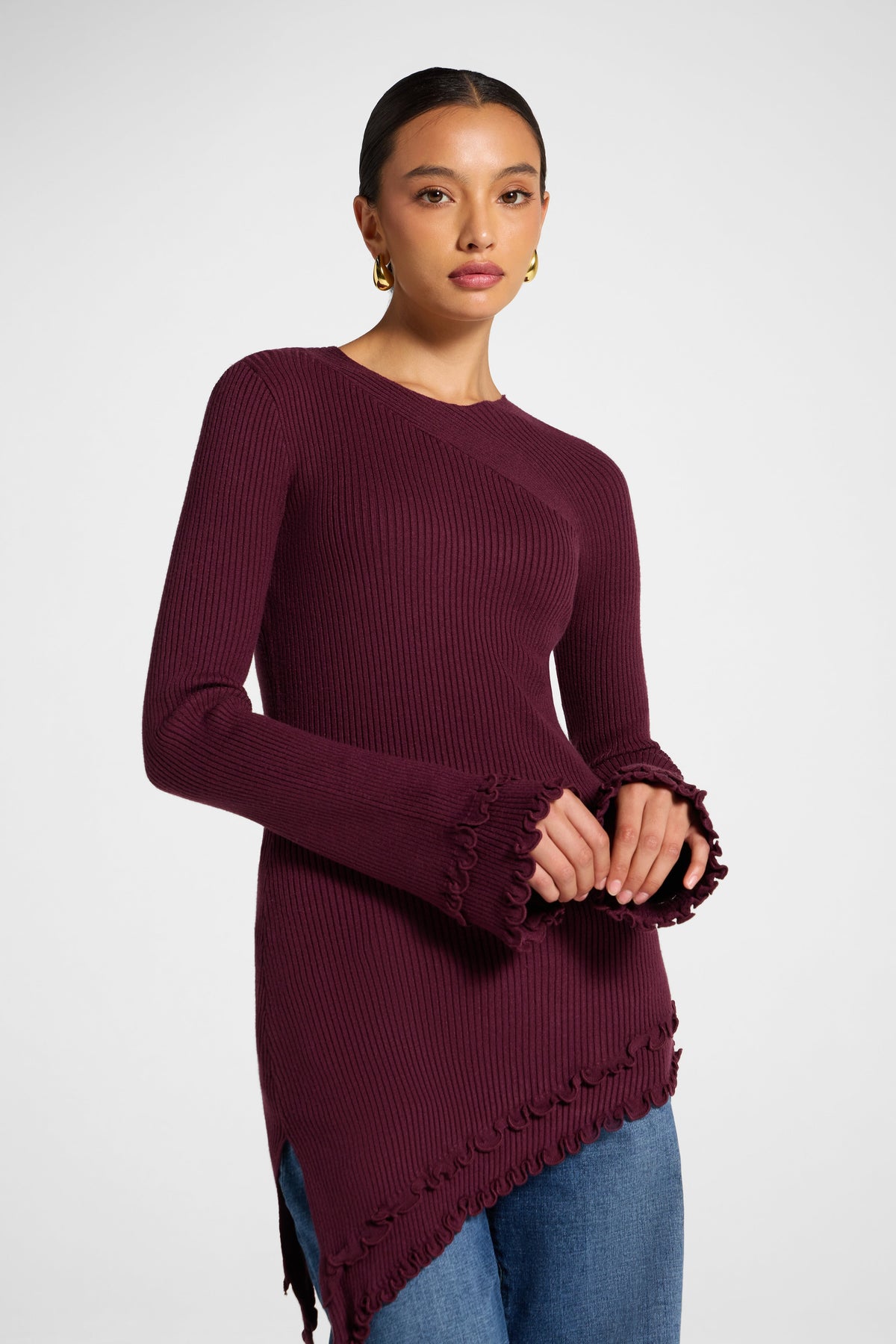 Asymmetric Ruffle Hem Knit Top - Fig Veiled 