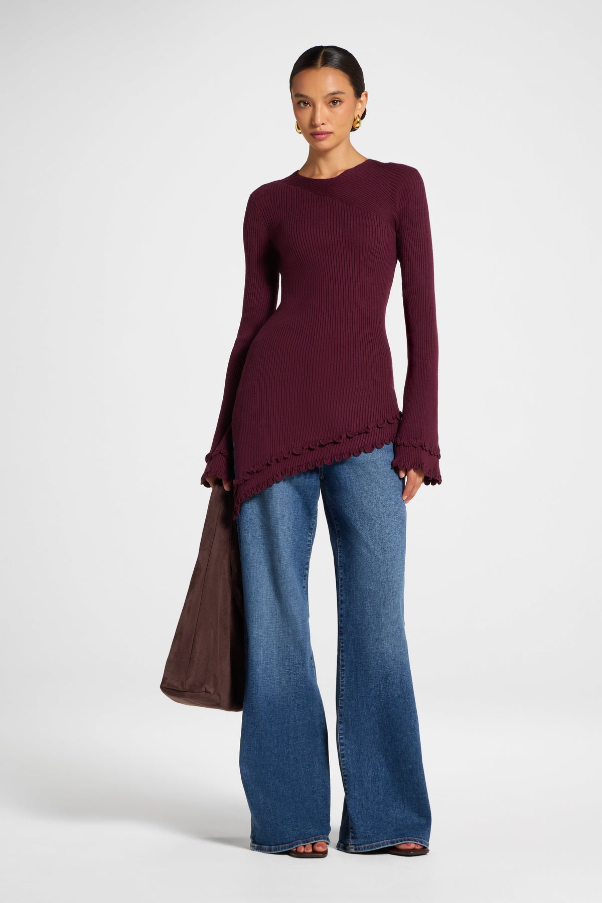 Asymmetric Ruffle Hem Knit Top - Fig Veiled 