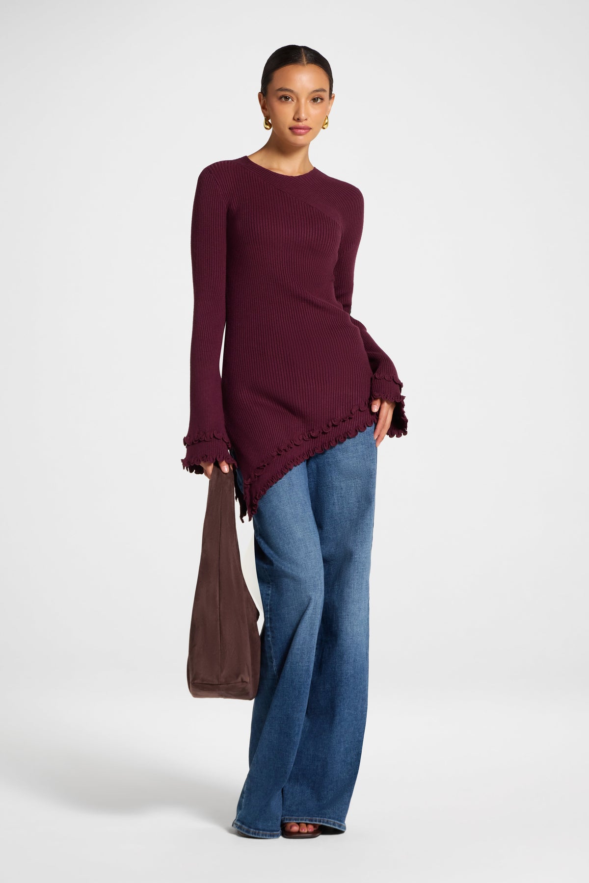 Asymmetric Ruffle Hem Knit Top - Fig Veiled 